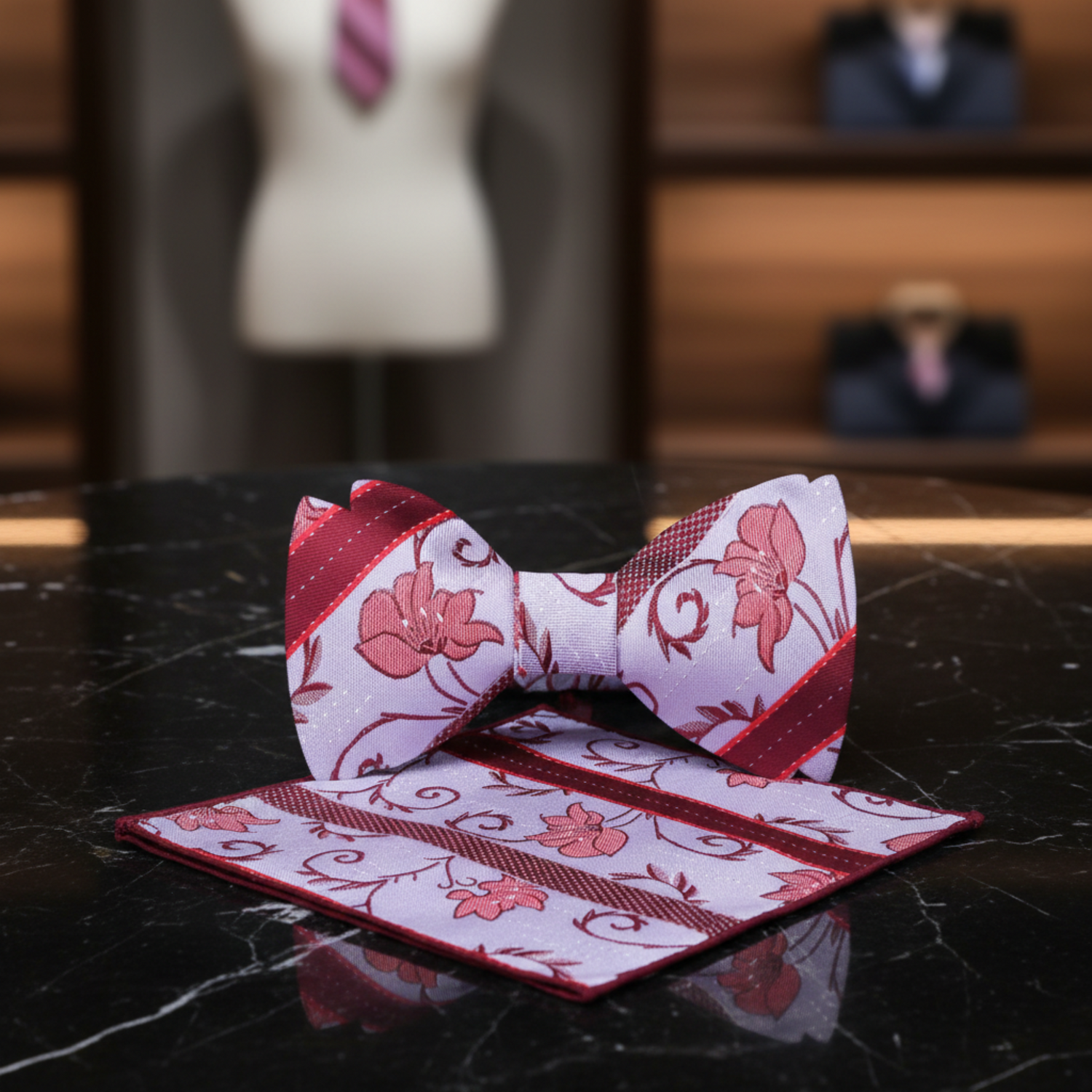 A Pink, Red Floral Pattern Self Tie Bow Tie, Matching Pocket Square