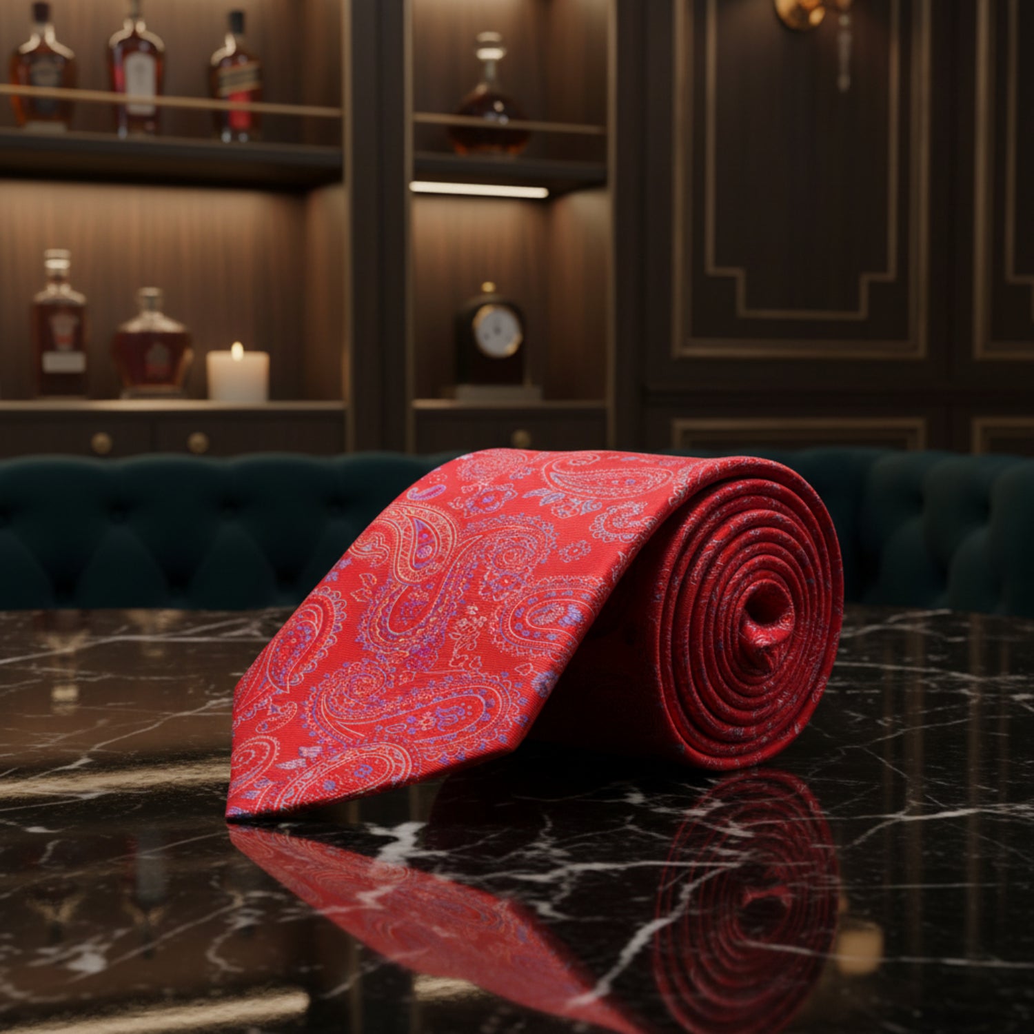 Tie Rolled Up View: Red, Light Purple Paisley Necktie