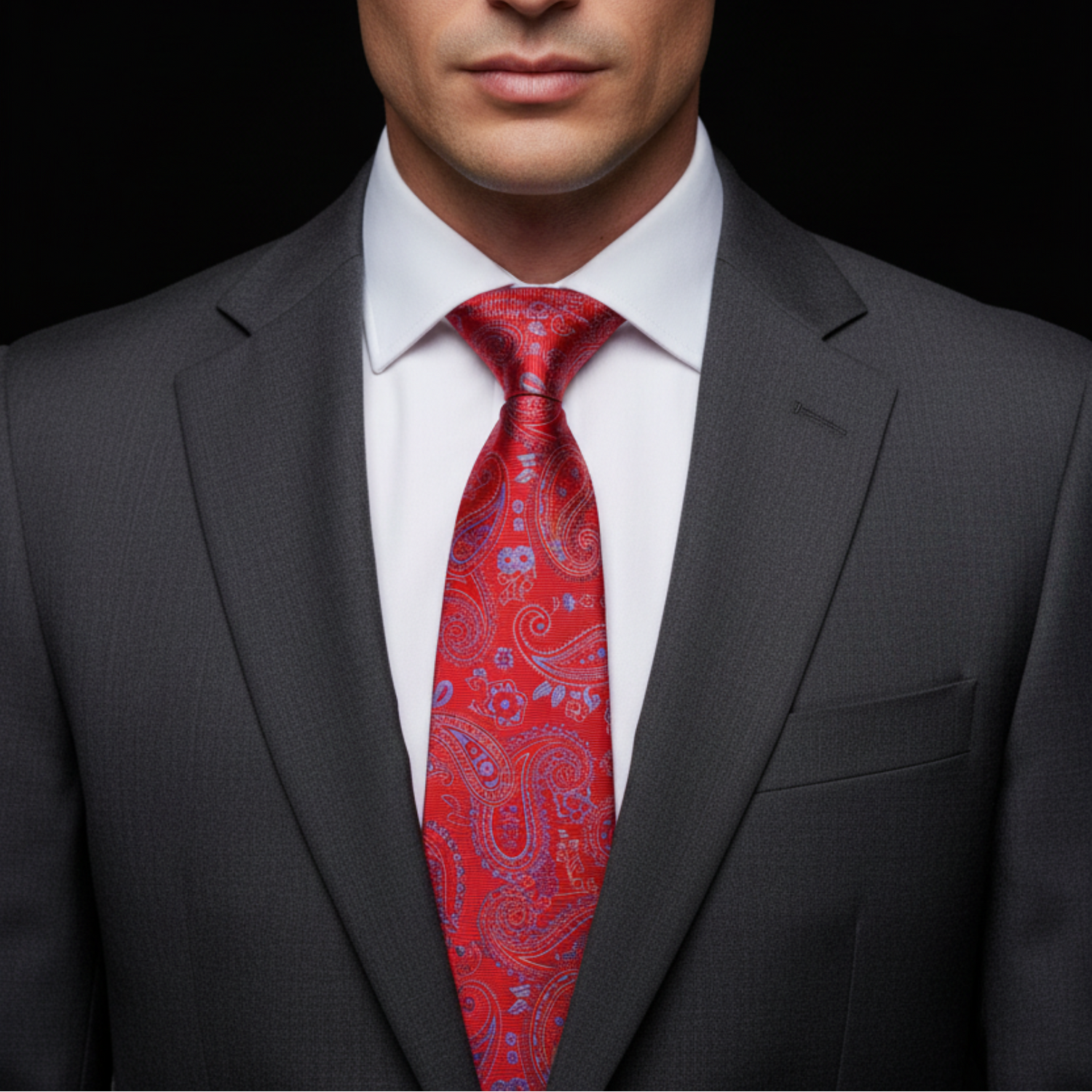 Man wearing a gray suit with a white shirt and red paisley tie on a black background