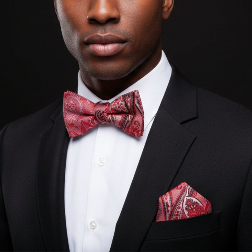 Man wearing a black suit with a red paisley bow tie and pocket square against a black background