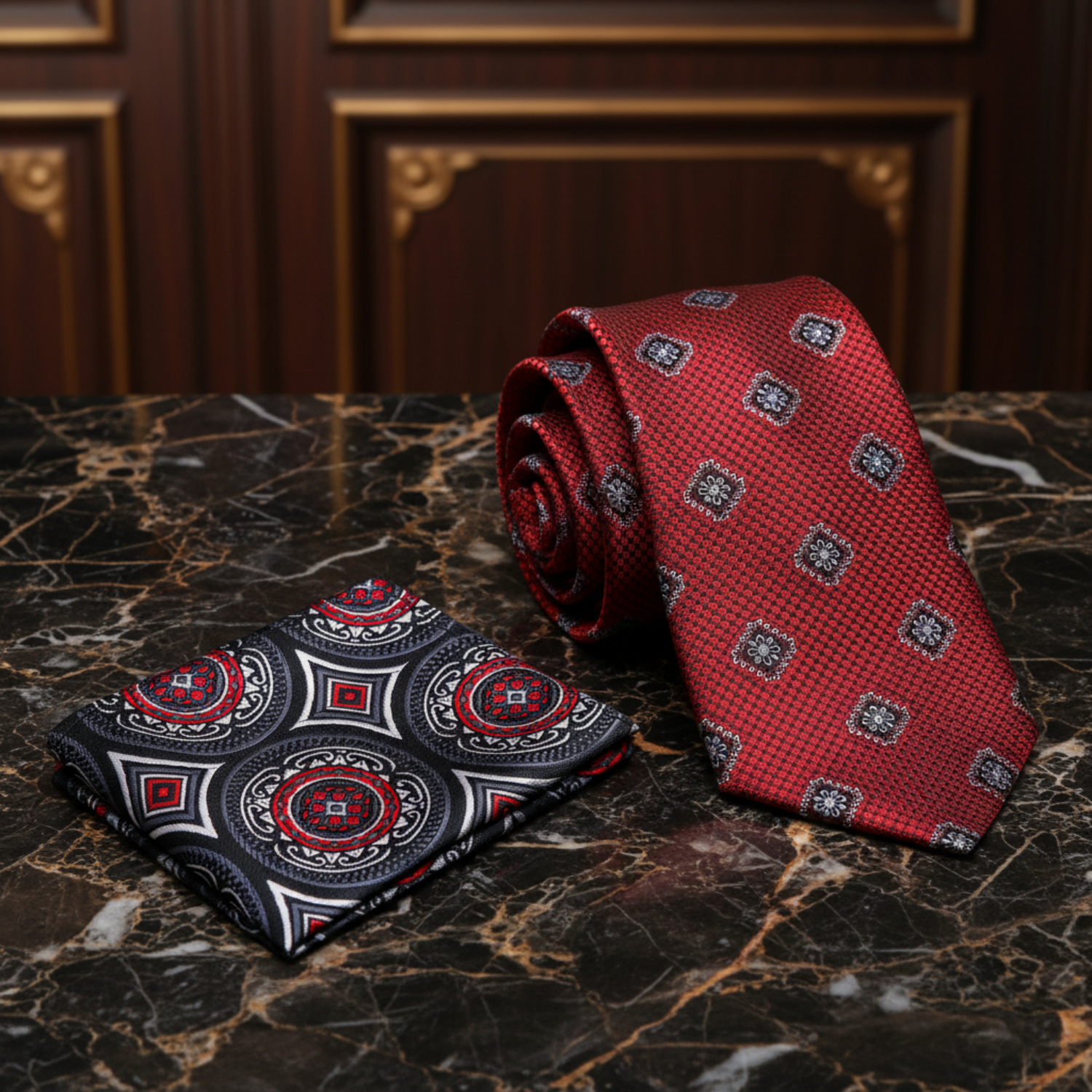 Alt: Red Medallions Necktie and Accenting Square
