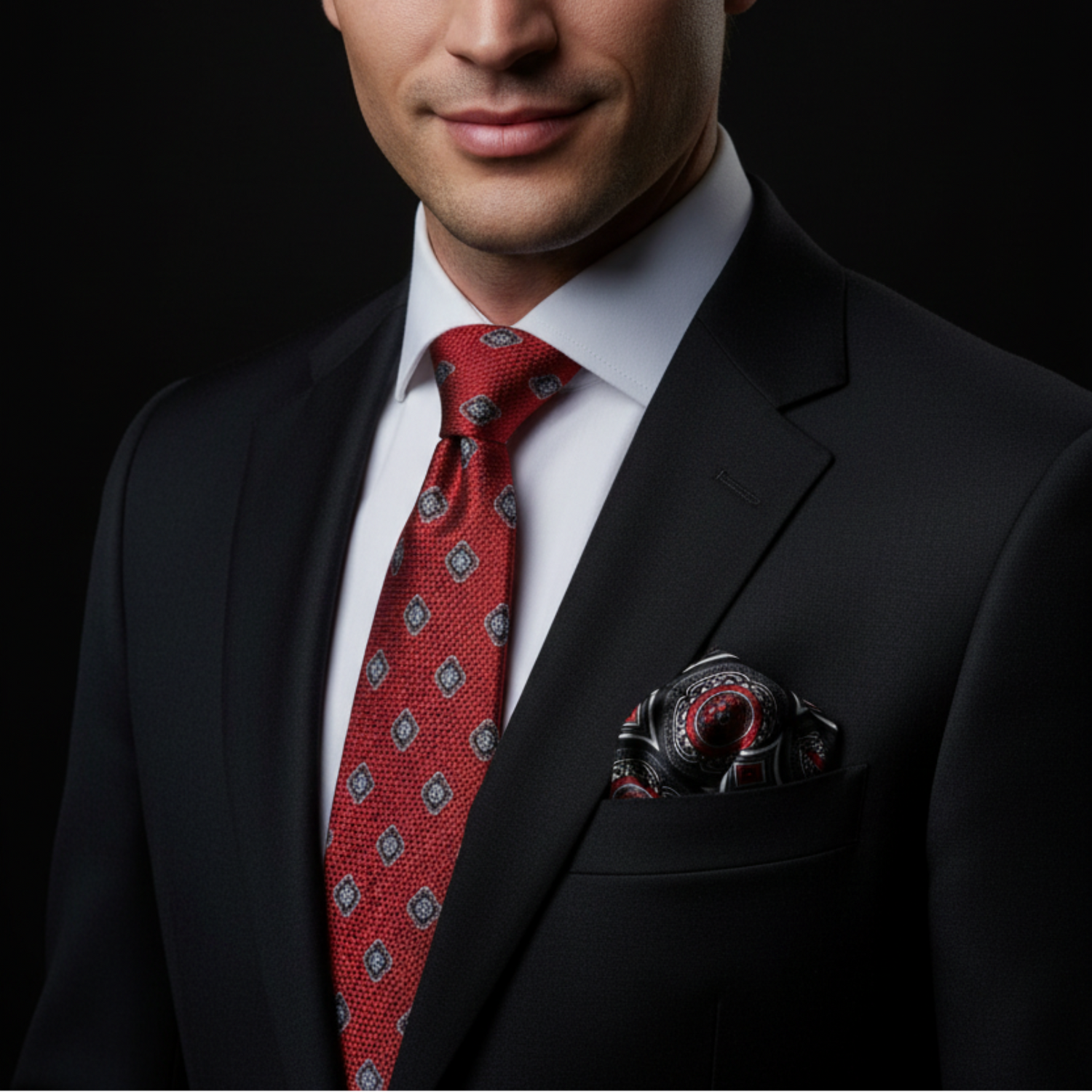 Man wearing a dark suit with a red tie and pocket square against a black background