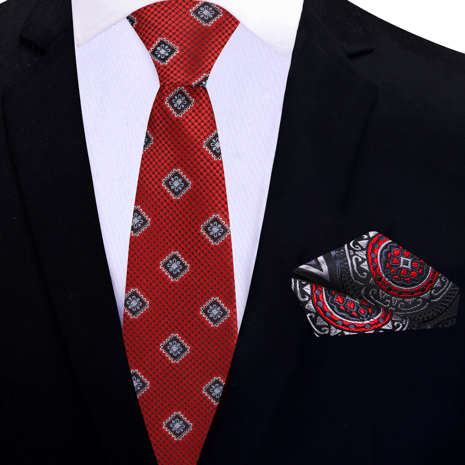 Thin: Red Medallions Necktie and Accenting Square