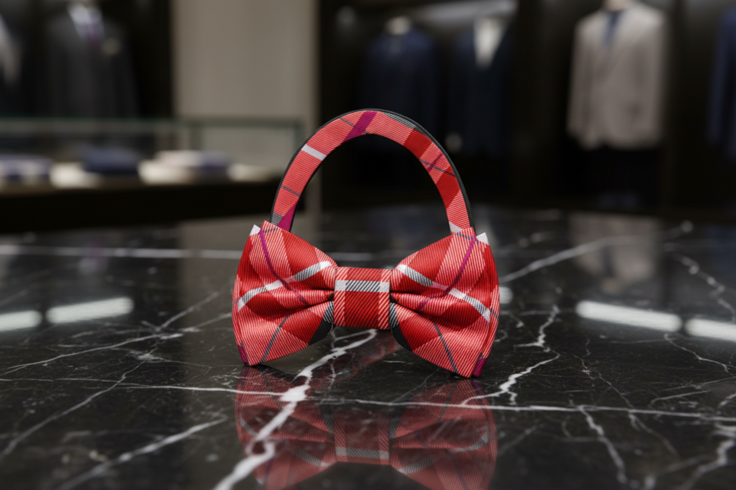 Pre tied A Red, Black, White Plaid Pattern Self Tie Bow Tie 