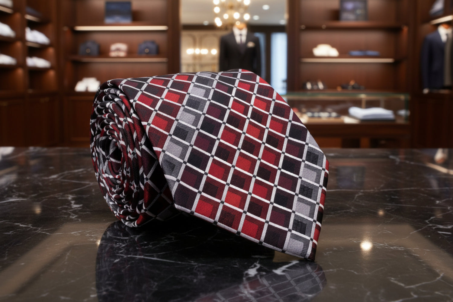 A Red and Grey Geometric Necktie 