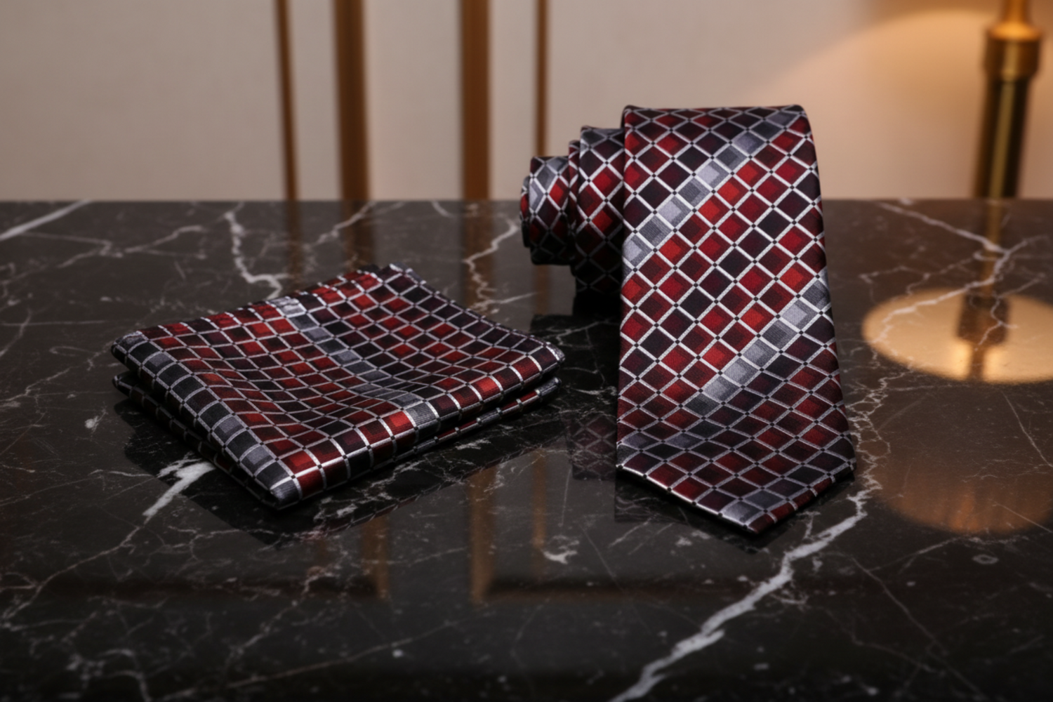 Alt A Red and Grey Geometric Necktie and Square
