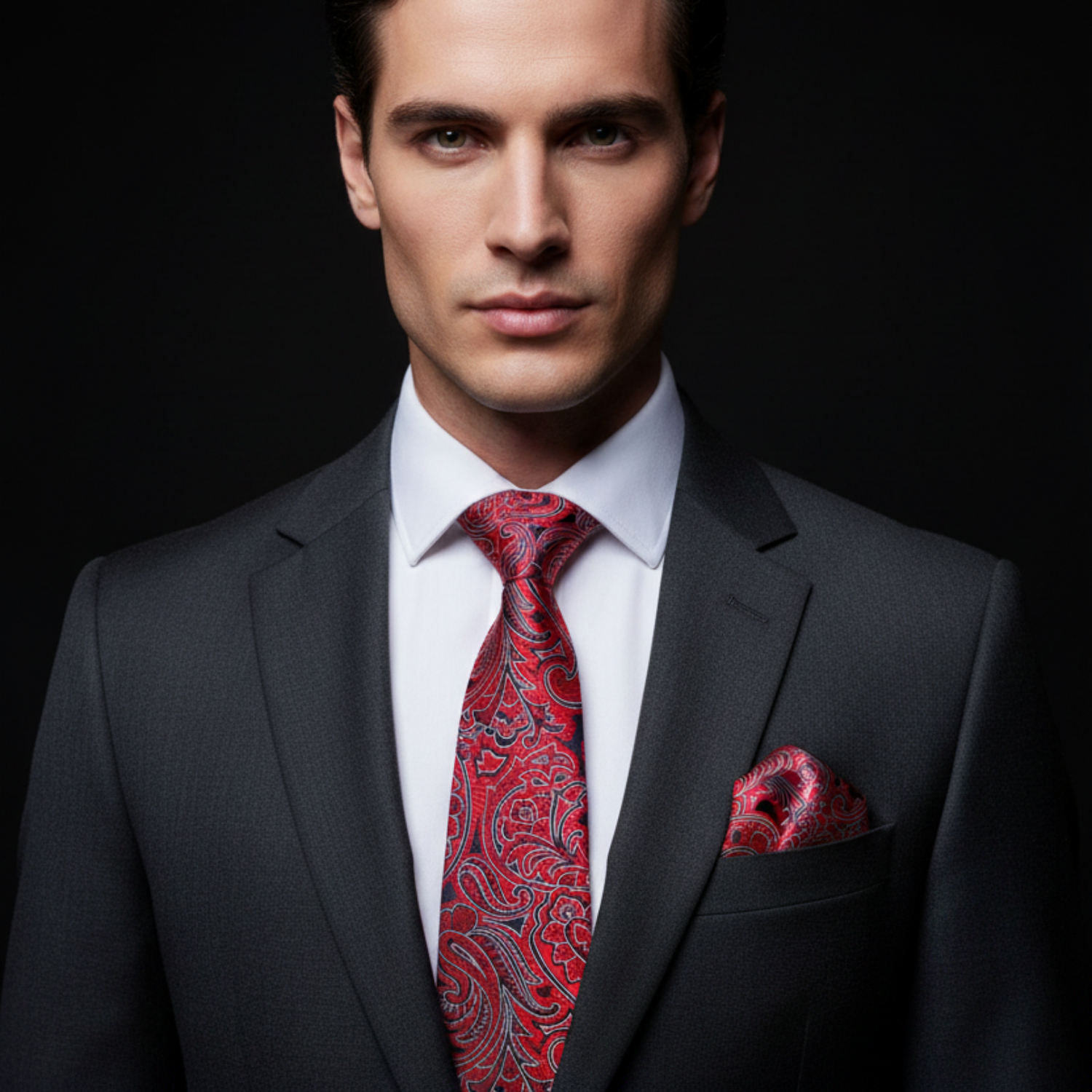 Man wearing a gray suit with a red paisley tie and pocket square on a black background