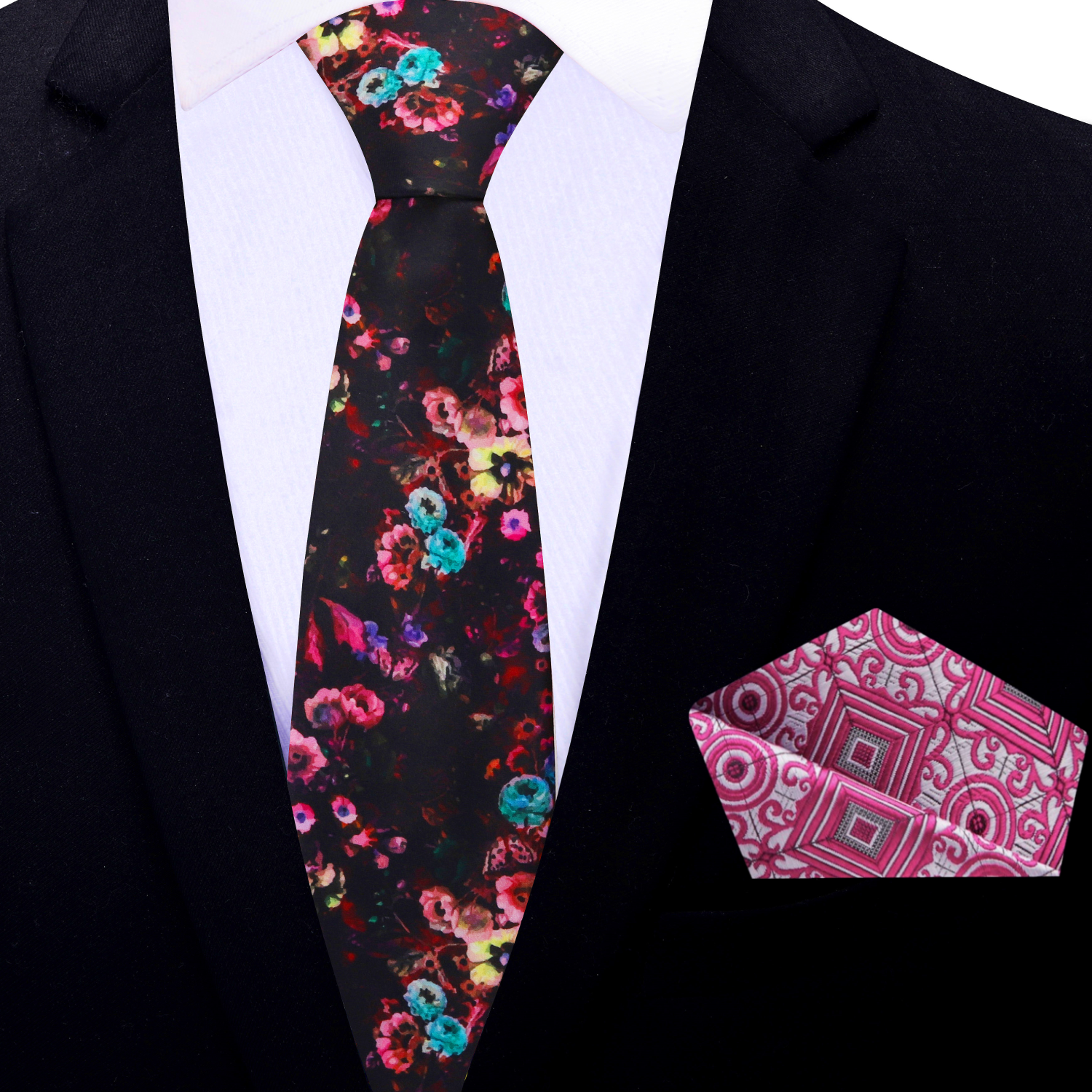 Thin Shades of Red, Pink, Blue and Yellow Flowers Tie