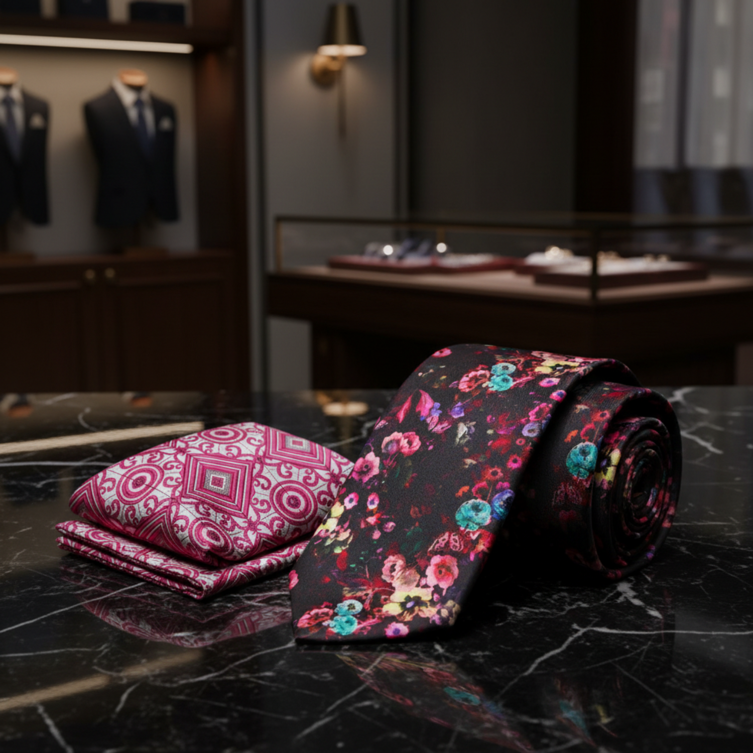 Alt View; Shades of Red, Pink, Blue and Yellow Flowers Tie