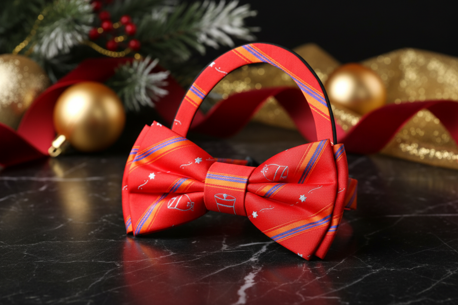 Red with Christmas Tree and Bell Bow Tie pre Tied
