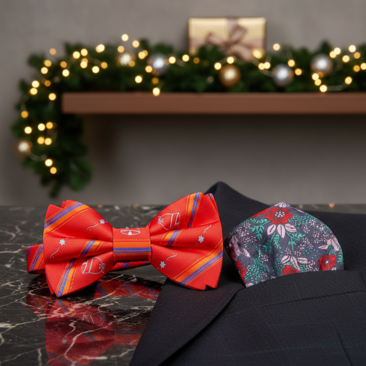 Red with Christmas Tree and Bell Bow Tie and Accenting Square
