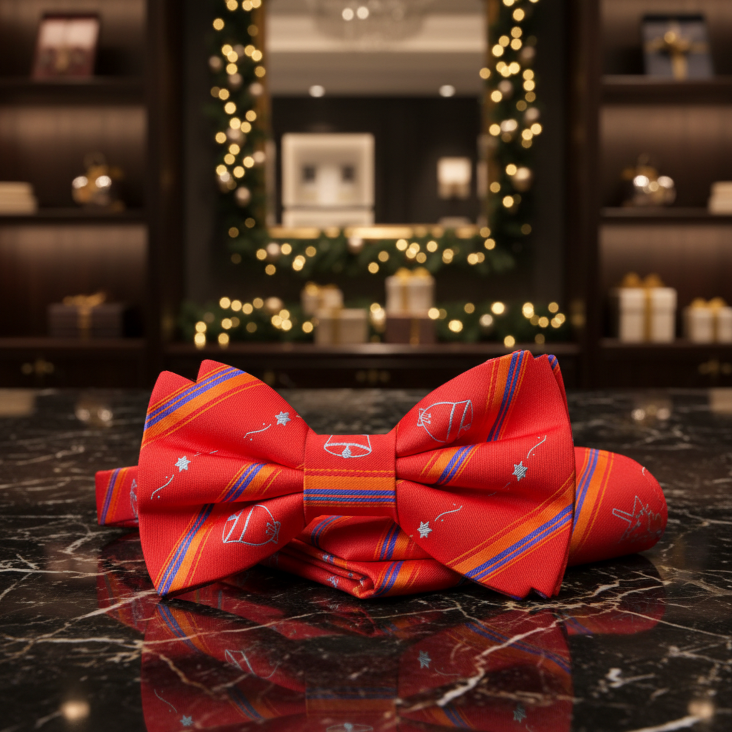 Red with Christmas Tree and Bell Bow Tie and Square