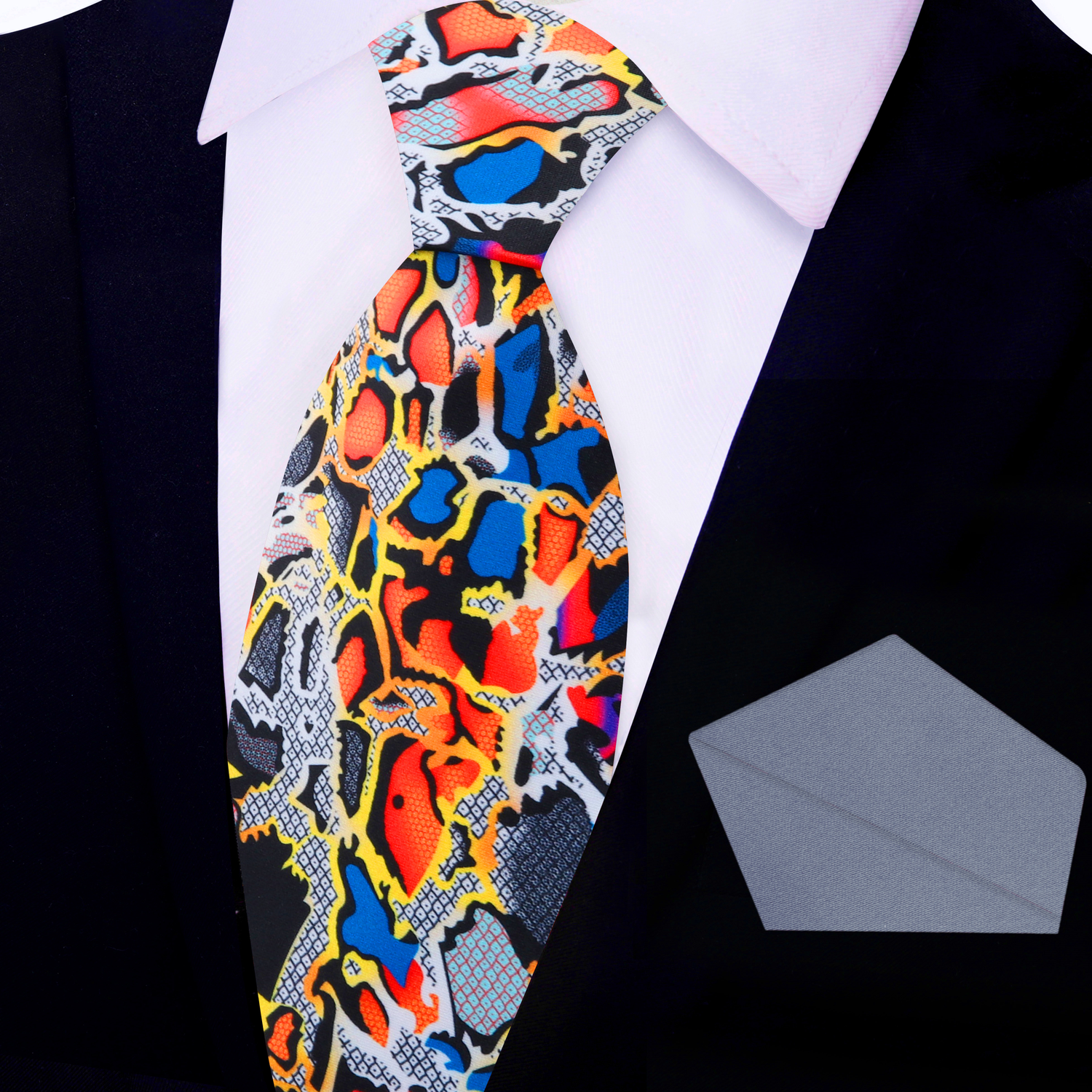 Grey, Red, Orange, Snakeskin Necktie and Grey Square