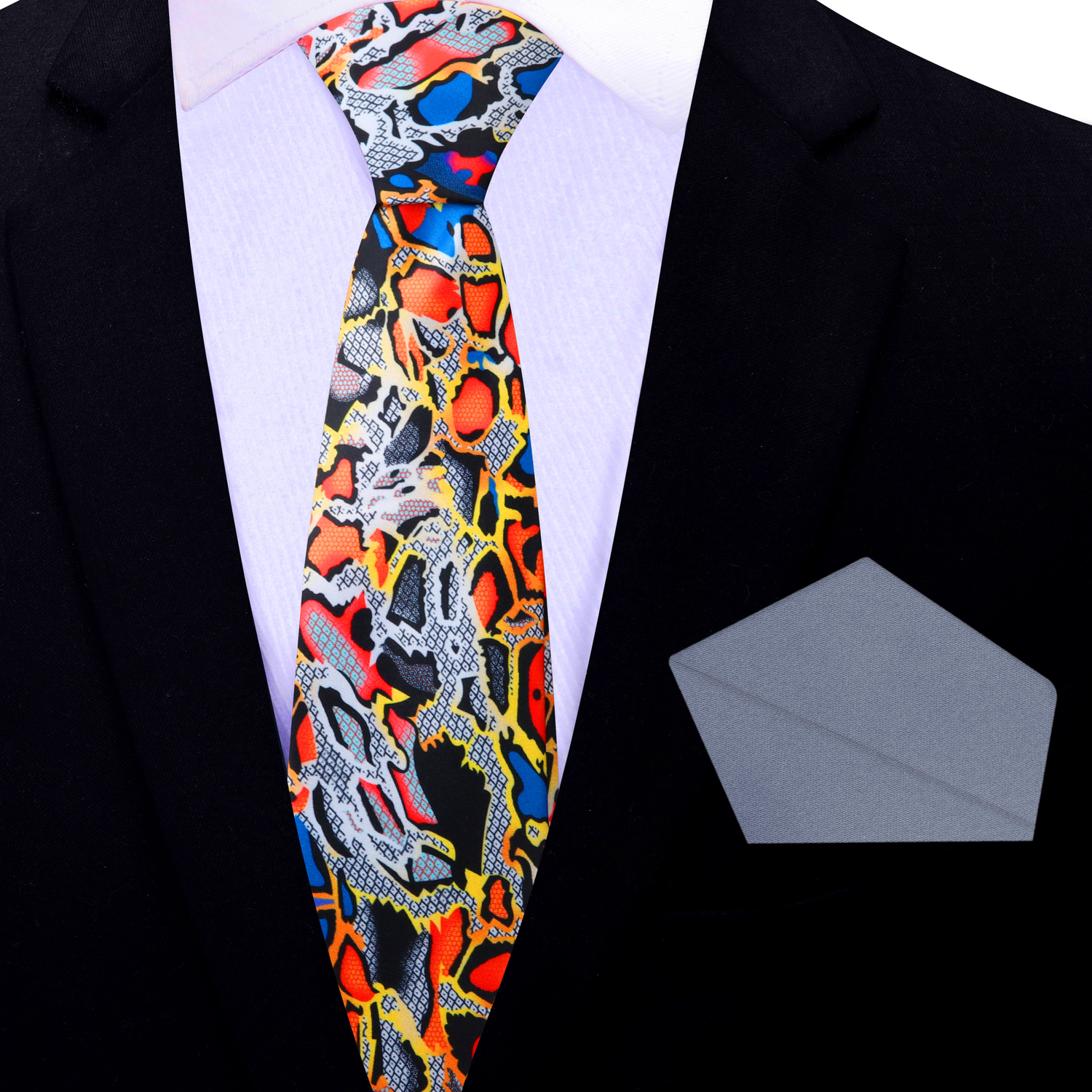 Thin Tie: Grey, Red, Orange, Snakeskin Necktie and Grey Square
