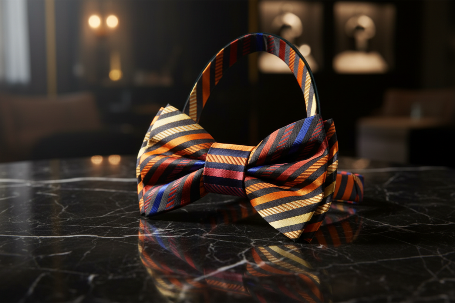 A Red, Orange, Yellow, Blue Color Stripe Pattern Bow Tie Pre Tied