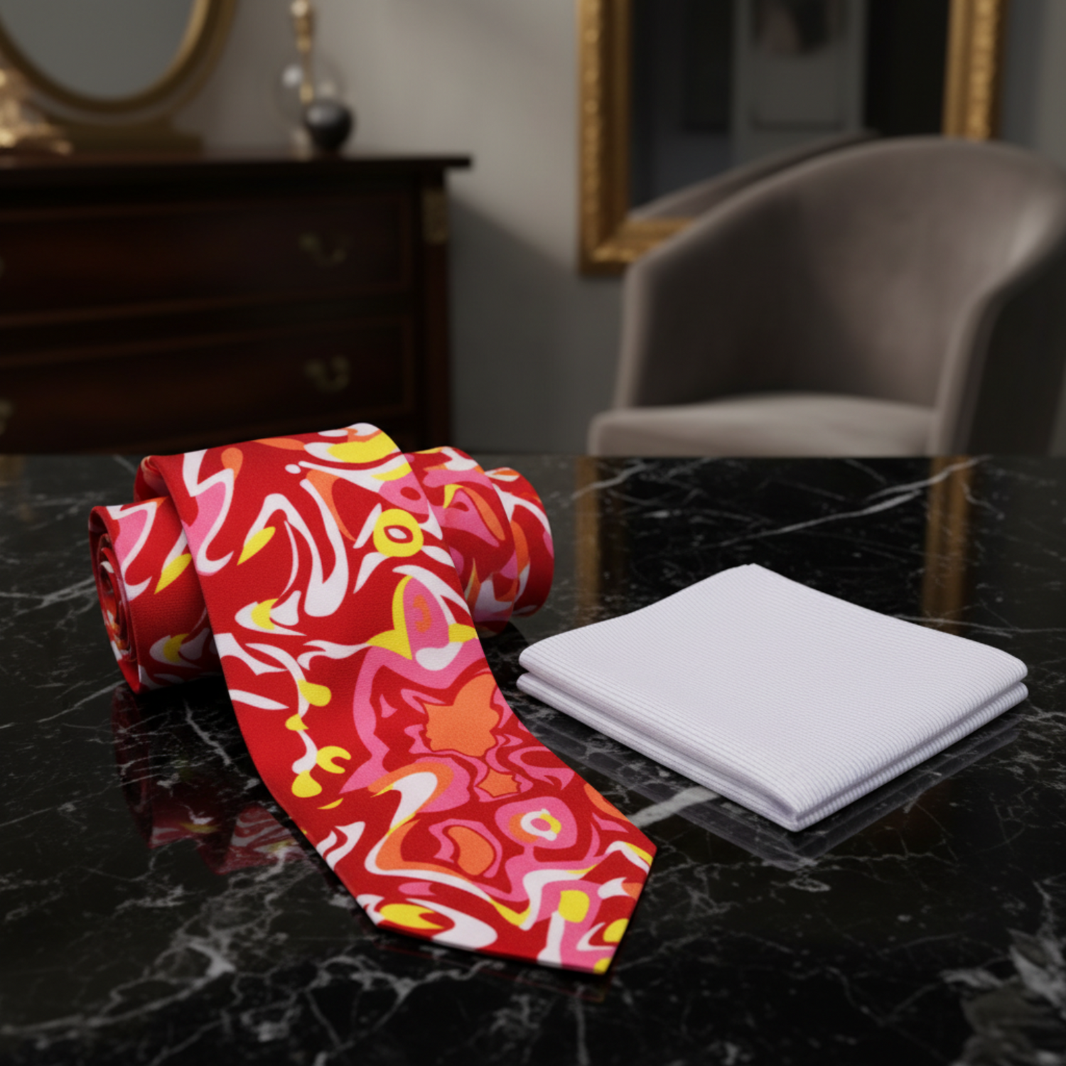 Colorful tie with abstract design and white pocket square on a white background
