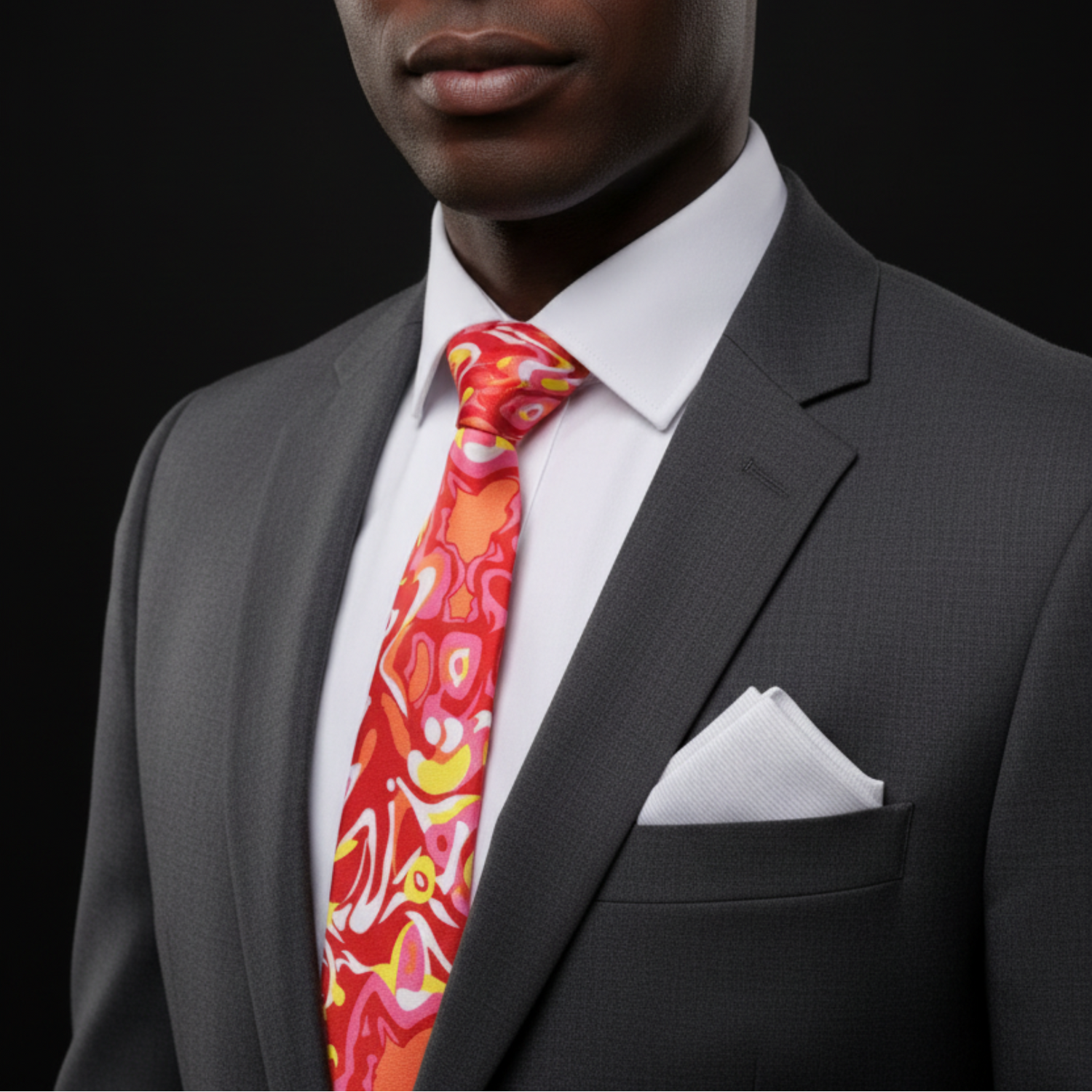 Man wearing a gray suit with a colorful red tie and white shirt on a black background