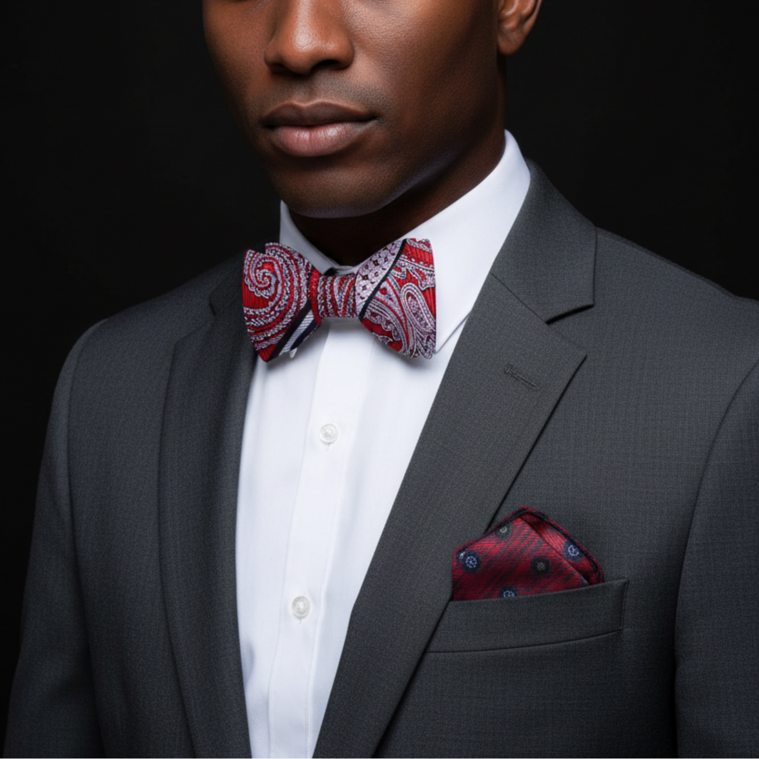 Red Paisley Bow Tie and Accenting Square on Man