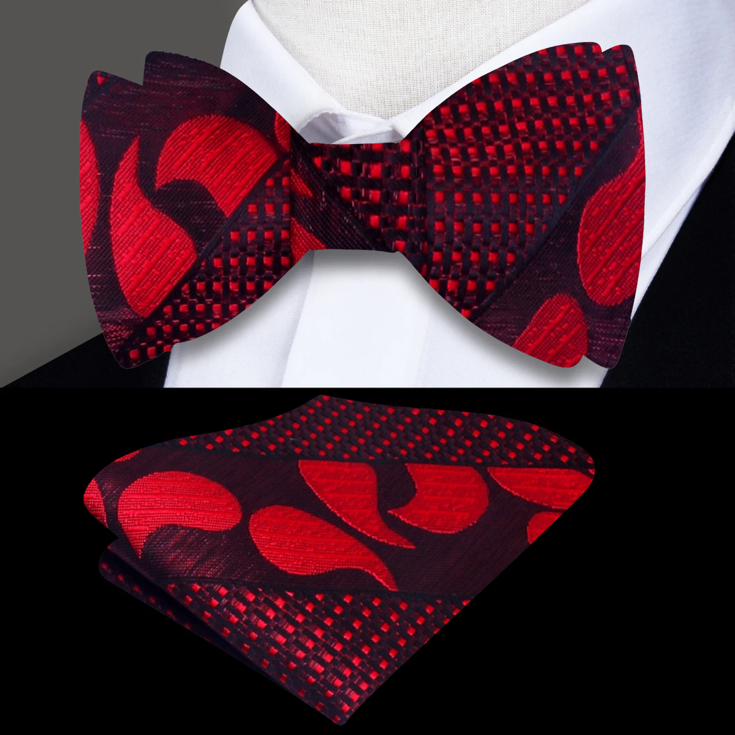 A Red, Black Paisley Pattern Silk Self Tie Bow Tie, Matching Pocket Square