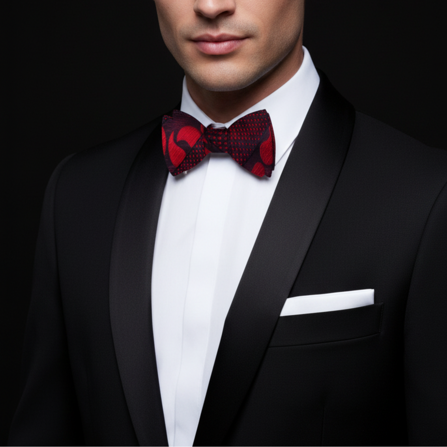 Man wearing red paisley bow tie and white square
