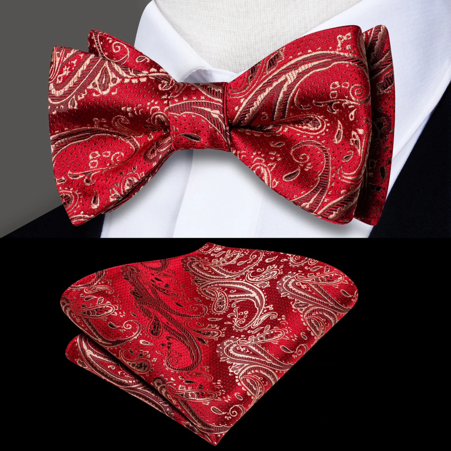 A Red, Gold Paisley Pattern Self Tie Bow Tie, Matching Pocket Square||Red, Gold