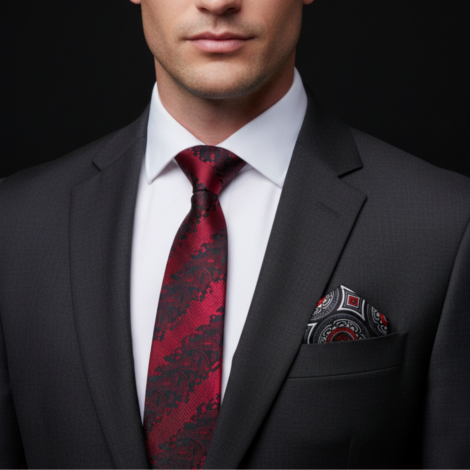 Man wearing a dark suit with a red patterned tie and pocket square against a black background