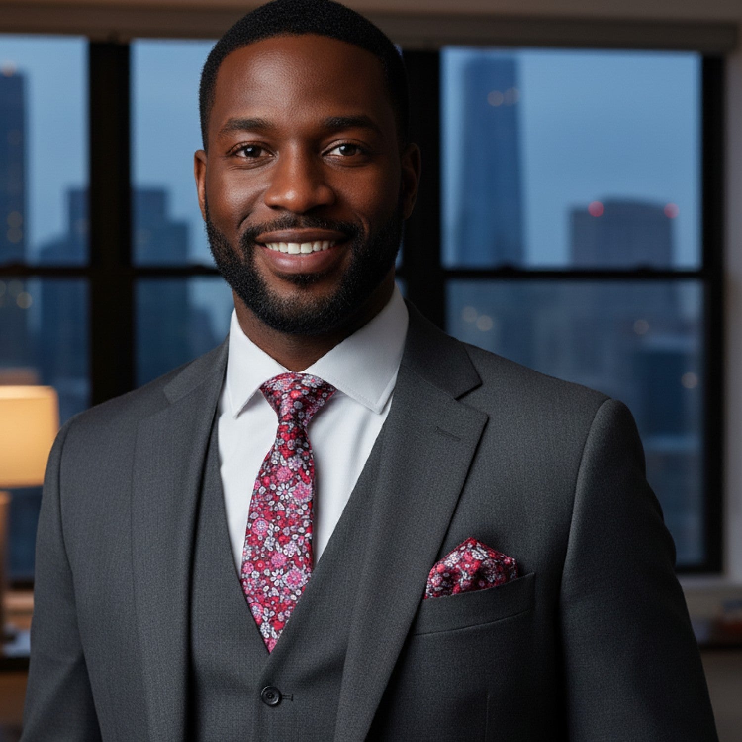 Man in a gray suit with a pink tie and pocket square standing in front of a window with cityscape view.