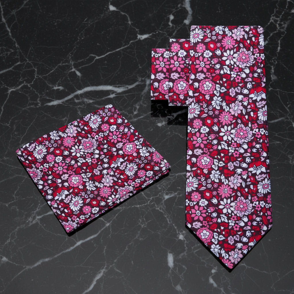 Alt Red, Pink, White Small Intricate Flowers Tie and Square||Red