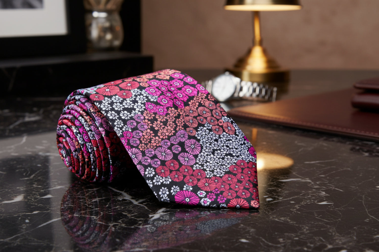 Red Pink Orange and White Mixed Flowers Tie View 4