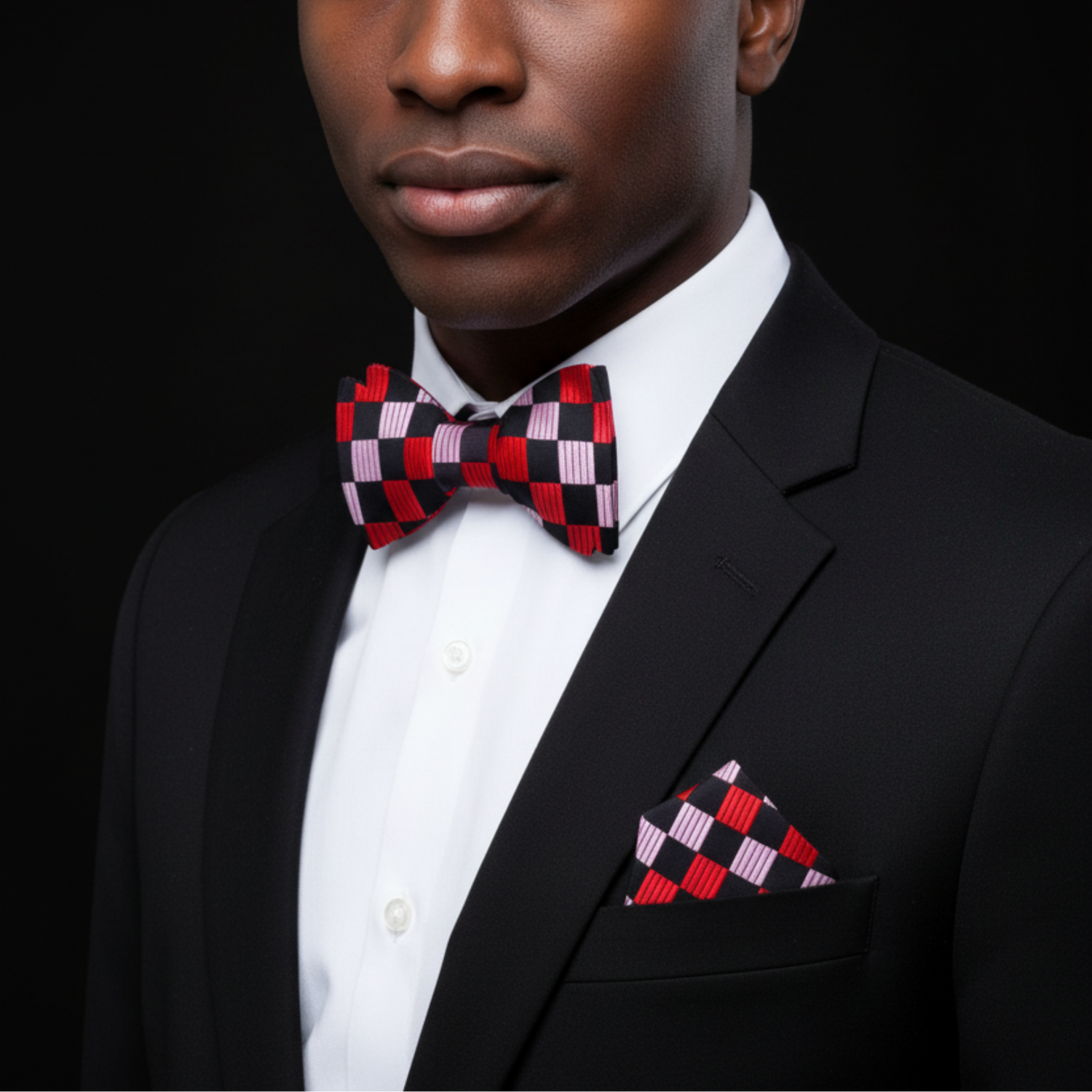Red and pink squares bow tie and square on man