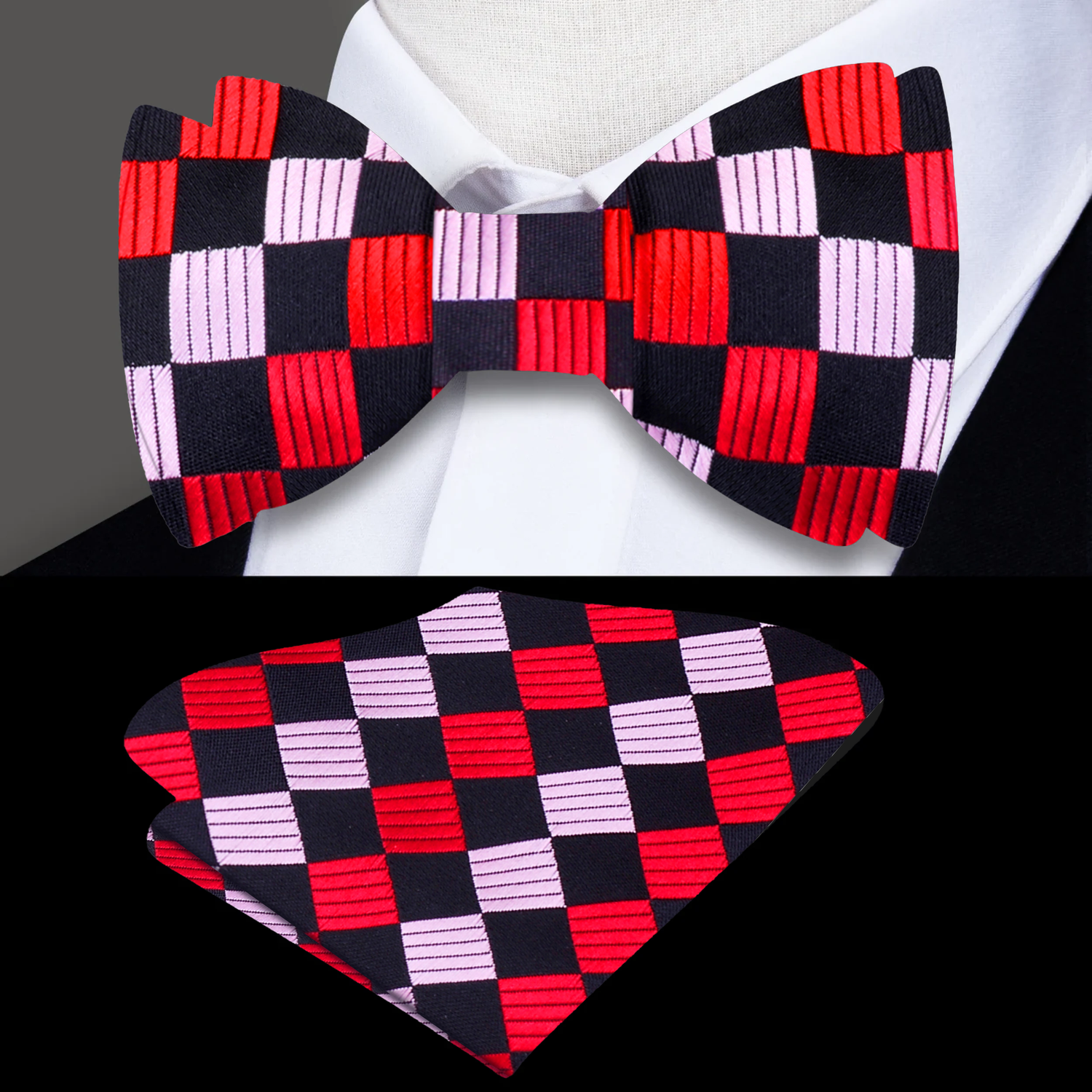 A Red, Black Geometric Squares Pattern Self Tie Bow Tie, Pocket Square