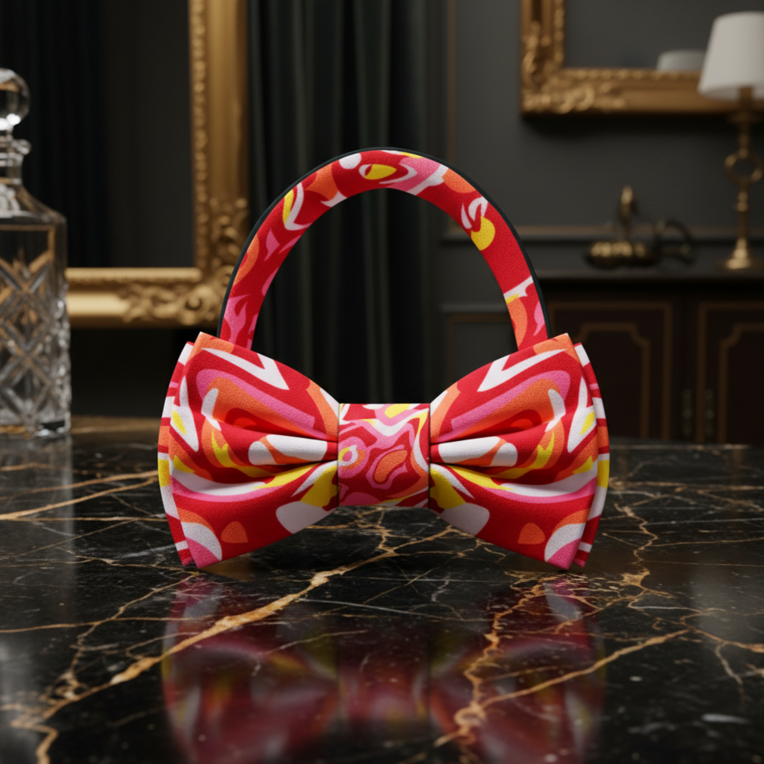 A Red, Yellow, White, Pink, Orange Abstract Bow Tie Pre Tied
