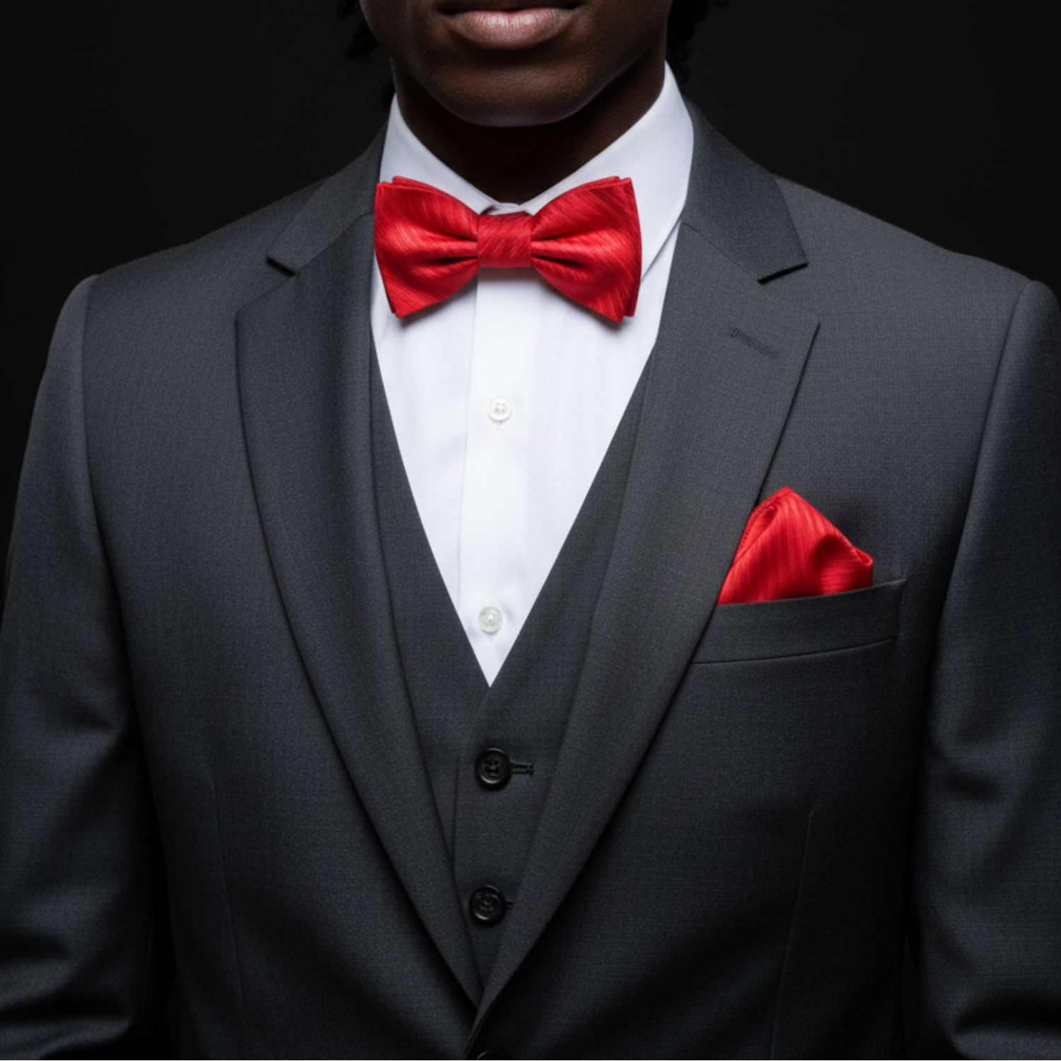 Man wearing a black suit with a red bow tie and pocket square on a dark background
