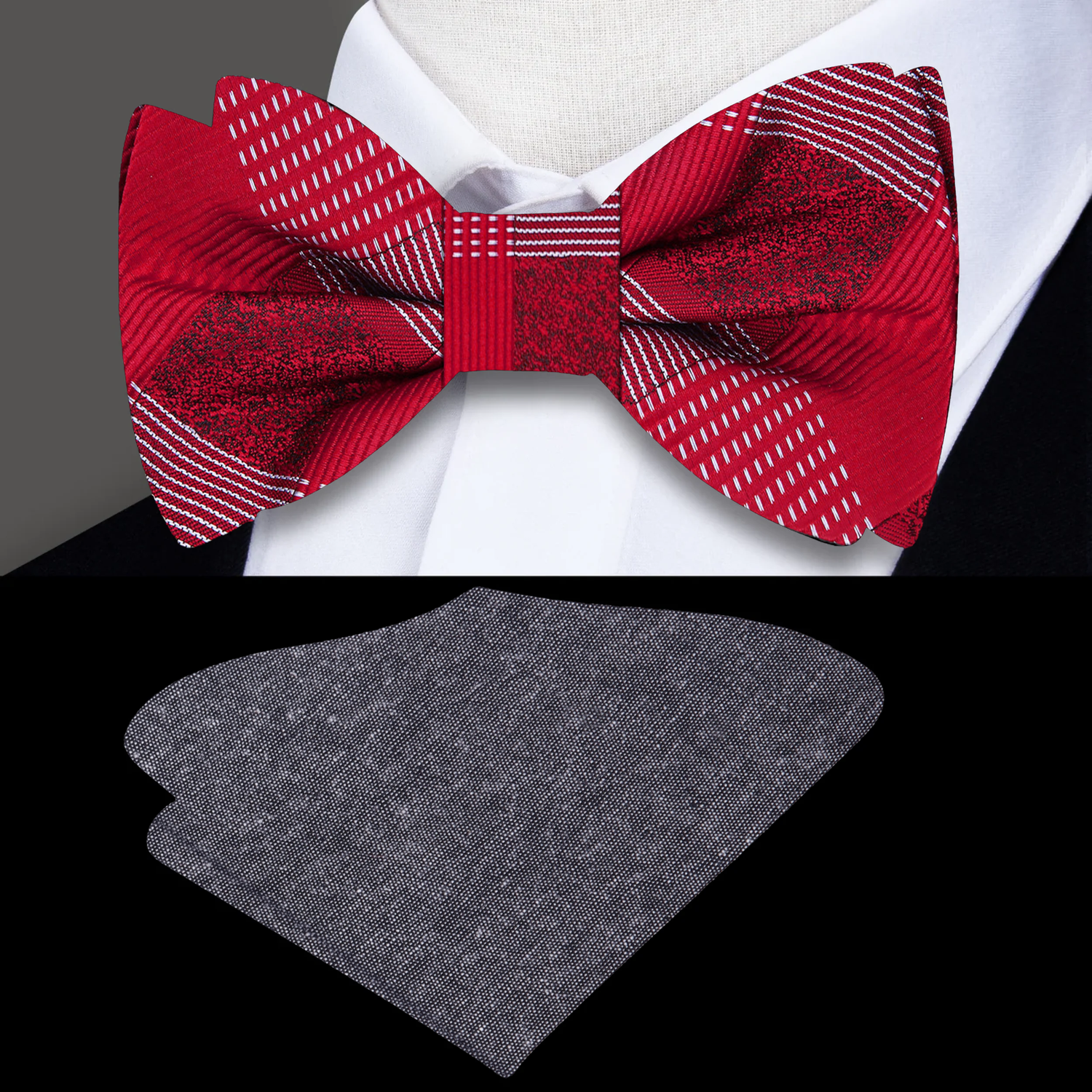 Red patterned bow tie and gray pocket square on a mannequin with a white shirt.