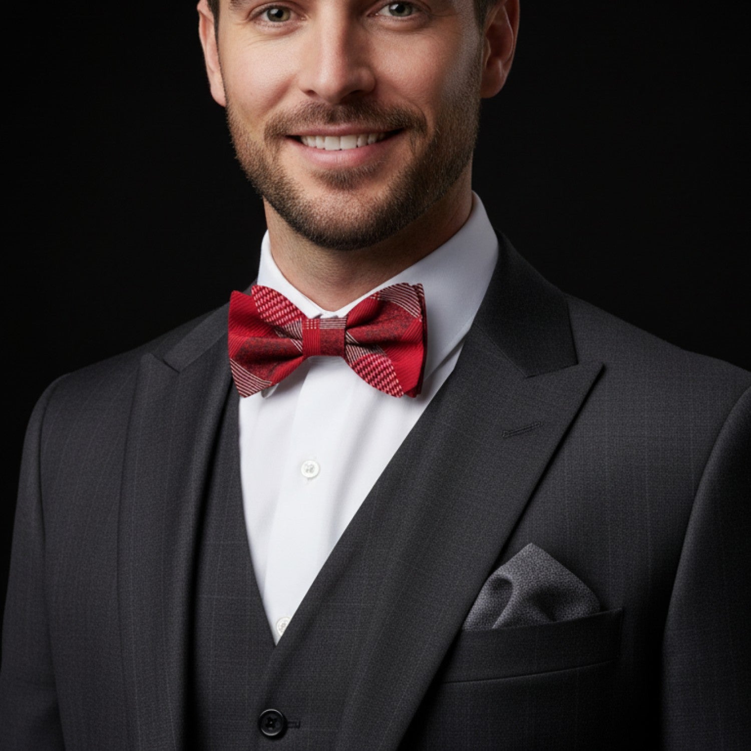 Man wearing a gray suit with a red plaid bow tie against a black background