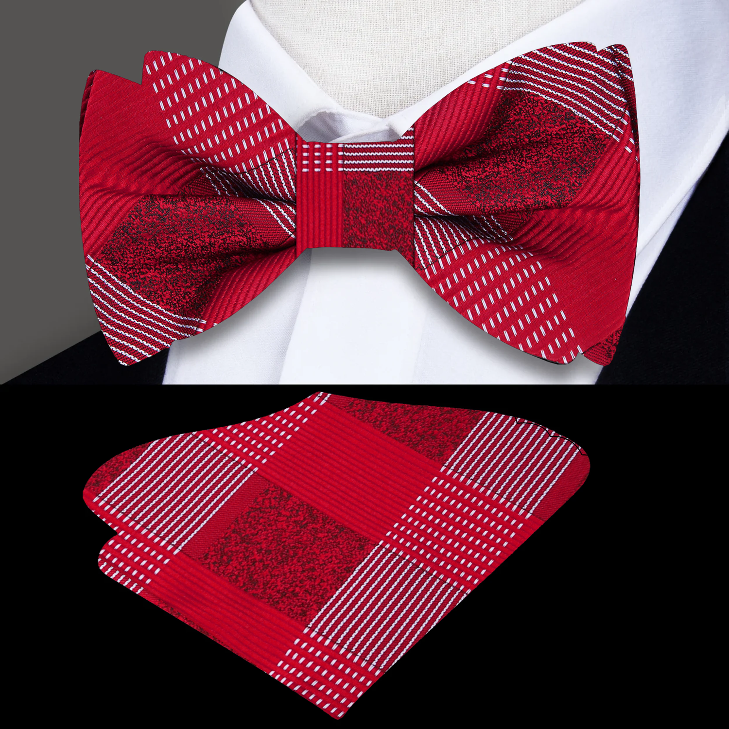 Red and white plaid patterned bow tie and pocket square set on a mannequin.
