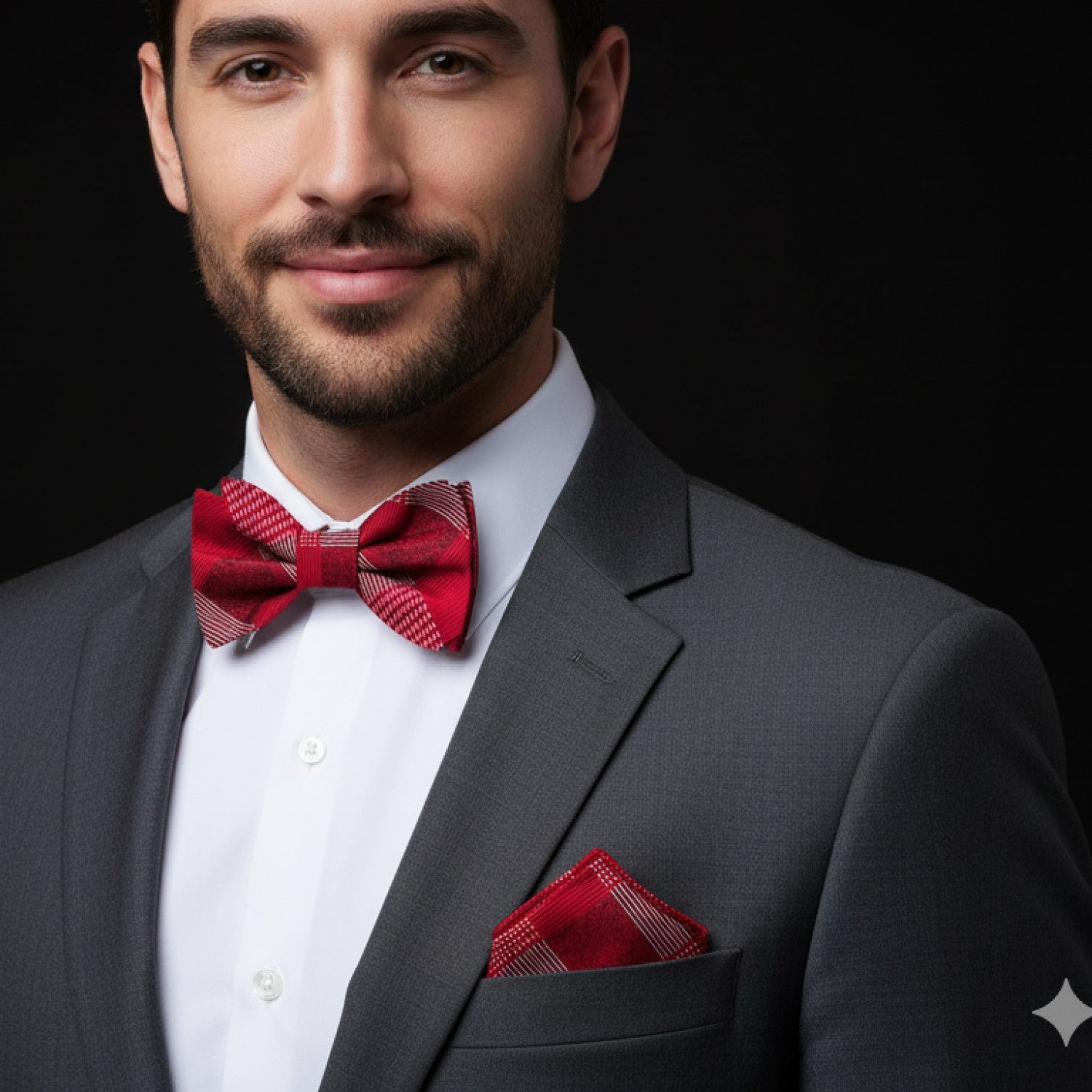 Man wearing a gray suit with a red bow tie and pocket square on a black background