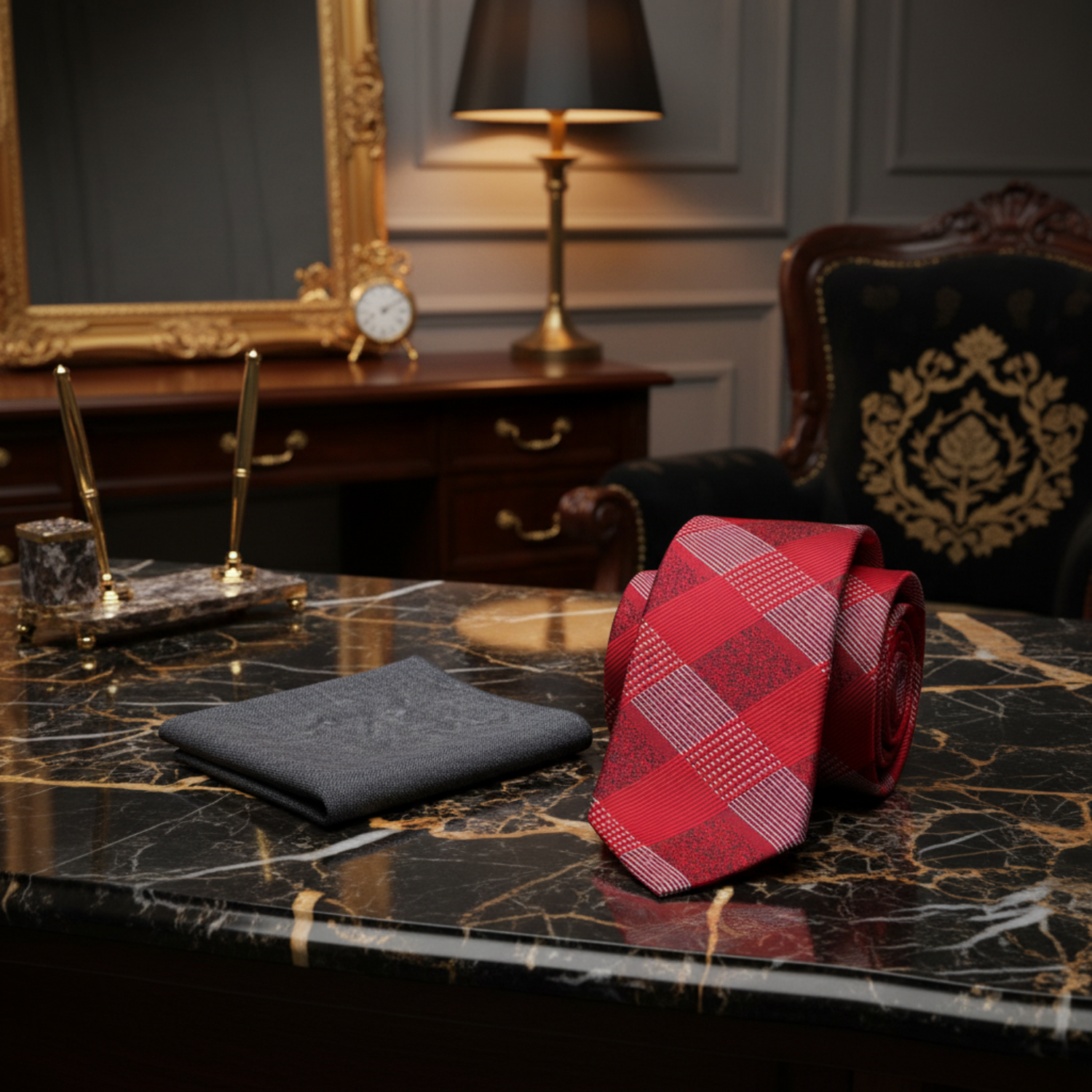 Red plaid tie and gray pocket square 