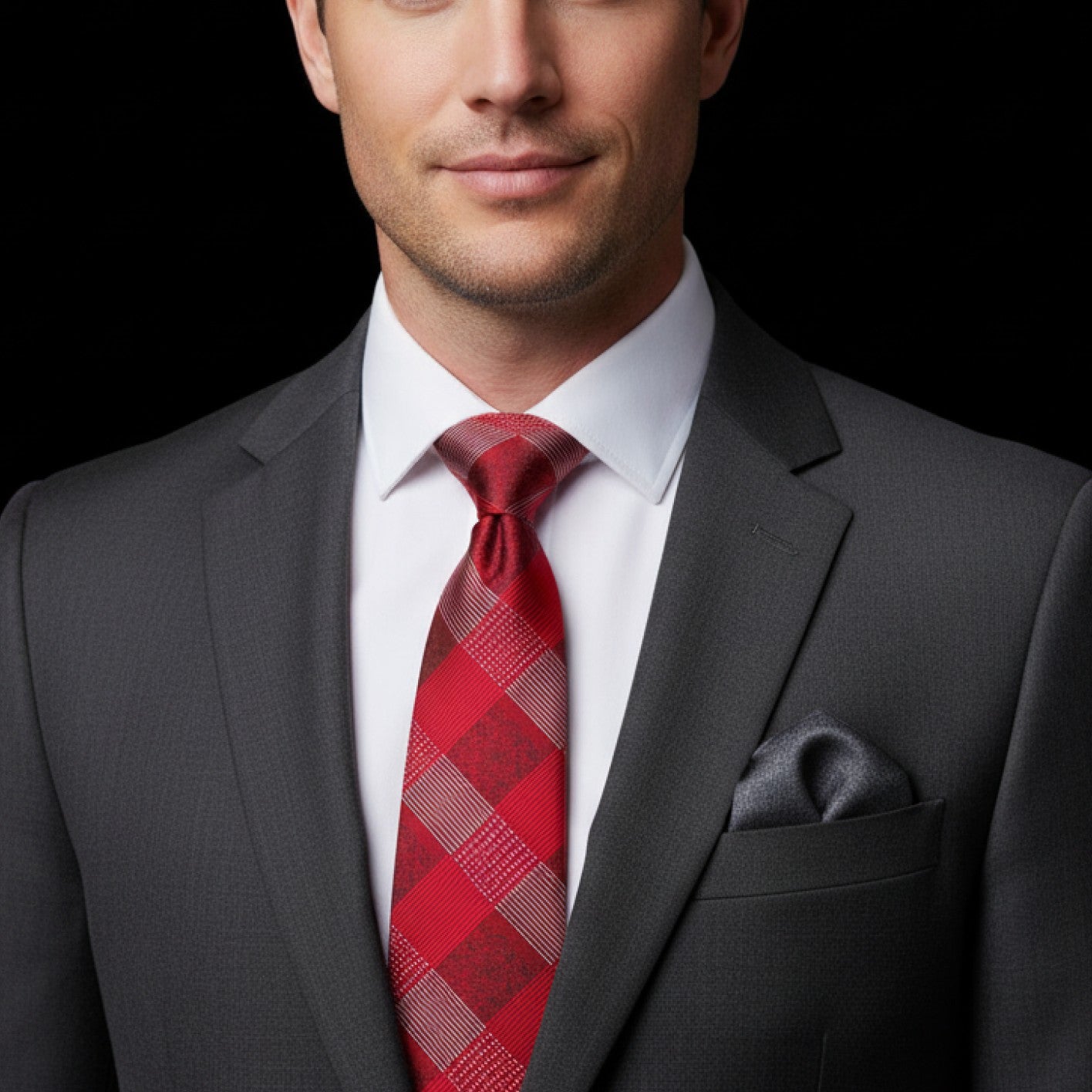 Man wearing a gray suit with a red plaid tie against a black background