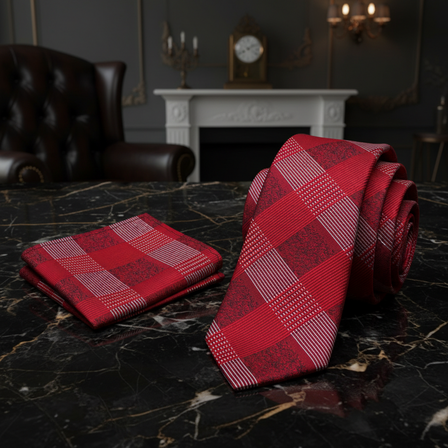 Red plaid tie and pocket square on a dark marble surface