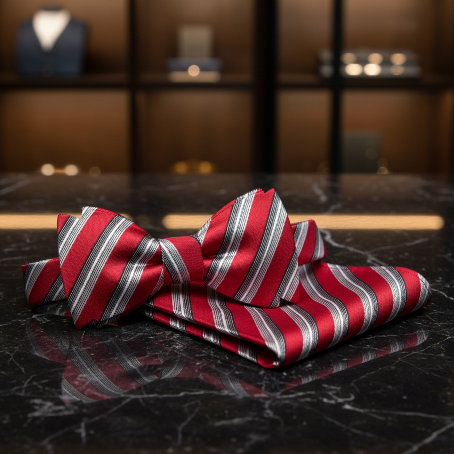Red Platinum Stripe Bow Tie and Square