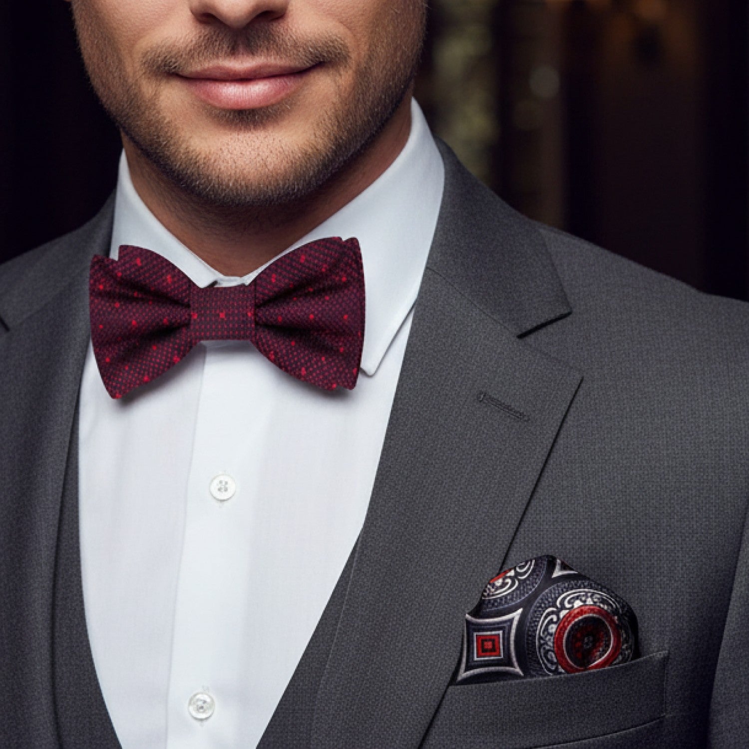 Man wearing a gray suit with a red bow tie and matching pocket square.