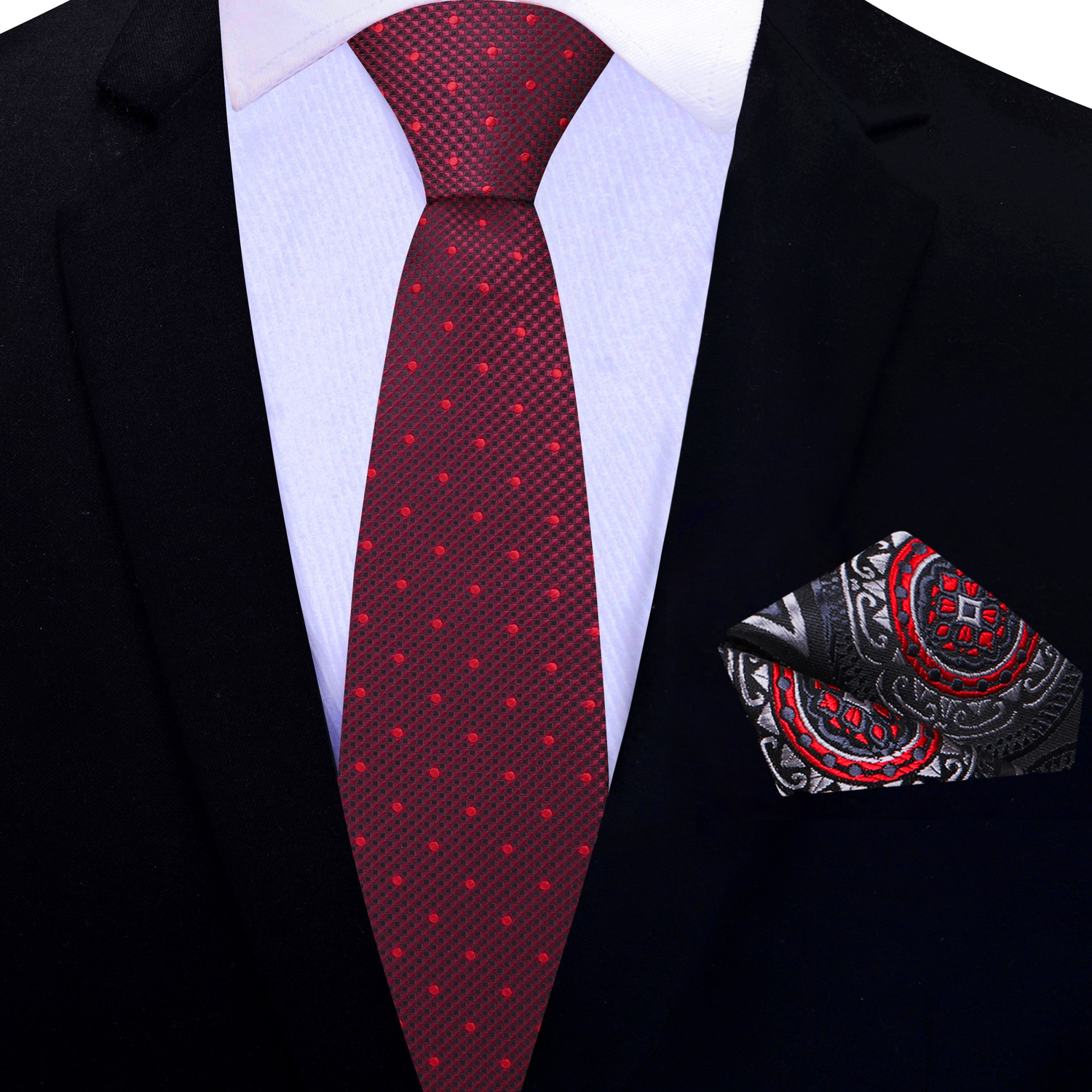 Thin Dark Red, Red, Black Geometric Check with Polka Dot Tie and Accenting Pocket Square