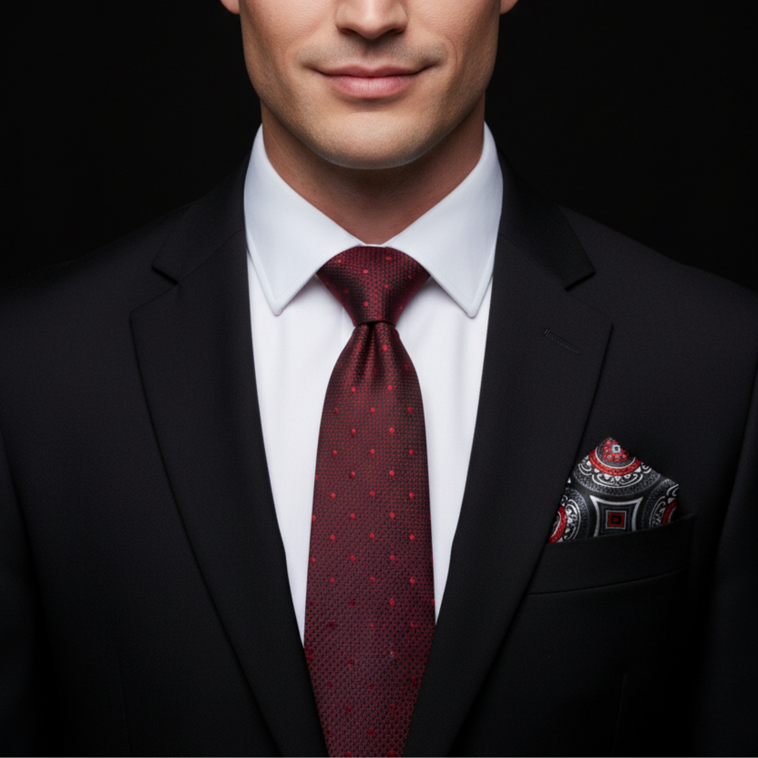 Man wearing red polka tie and accenting square