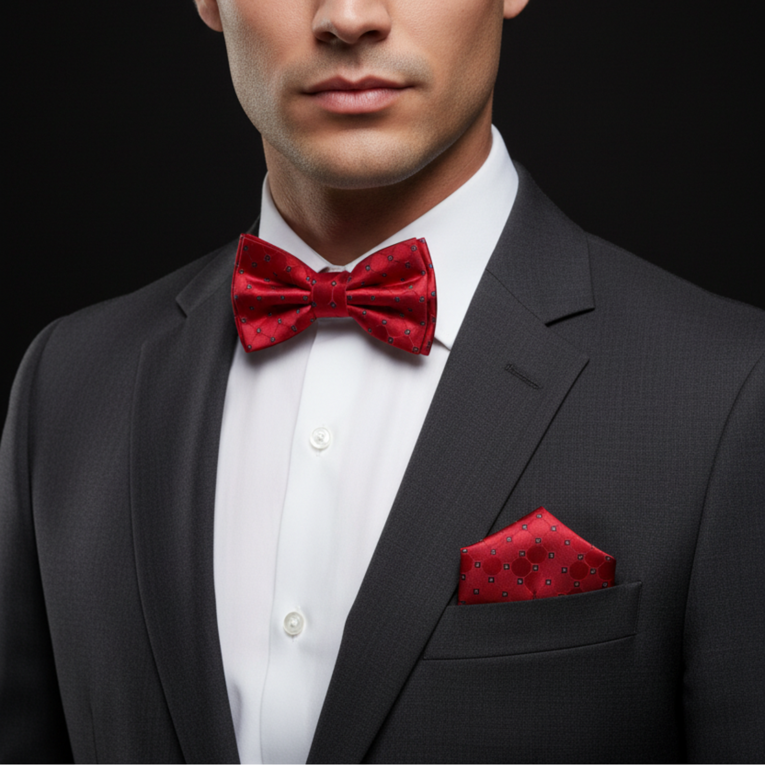 Man wearing a black suit with a red bow tie and pocket square on a dark background