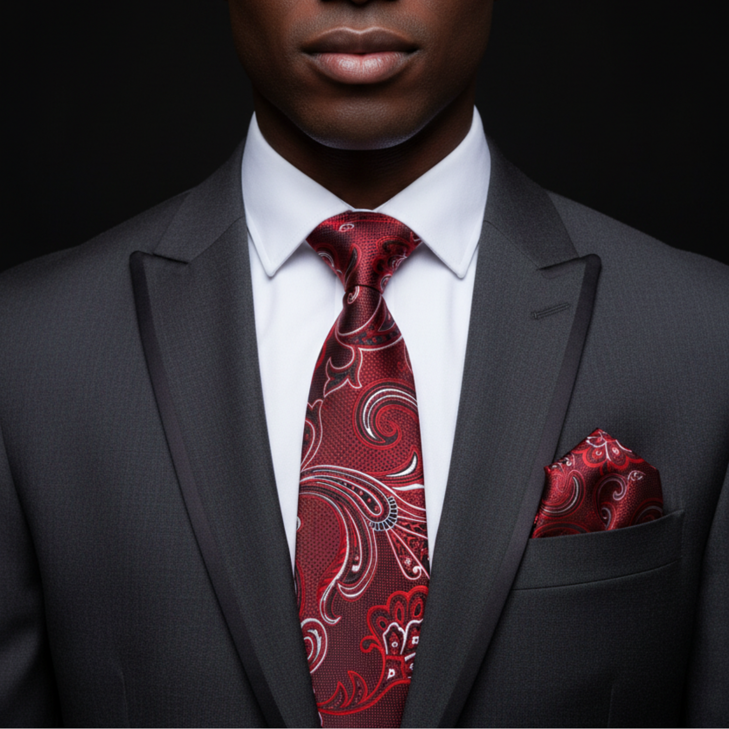 Man wearing a gray suit with a red paisley tie and pocket square on a black background