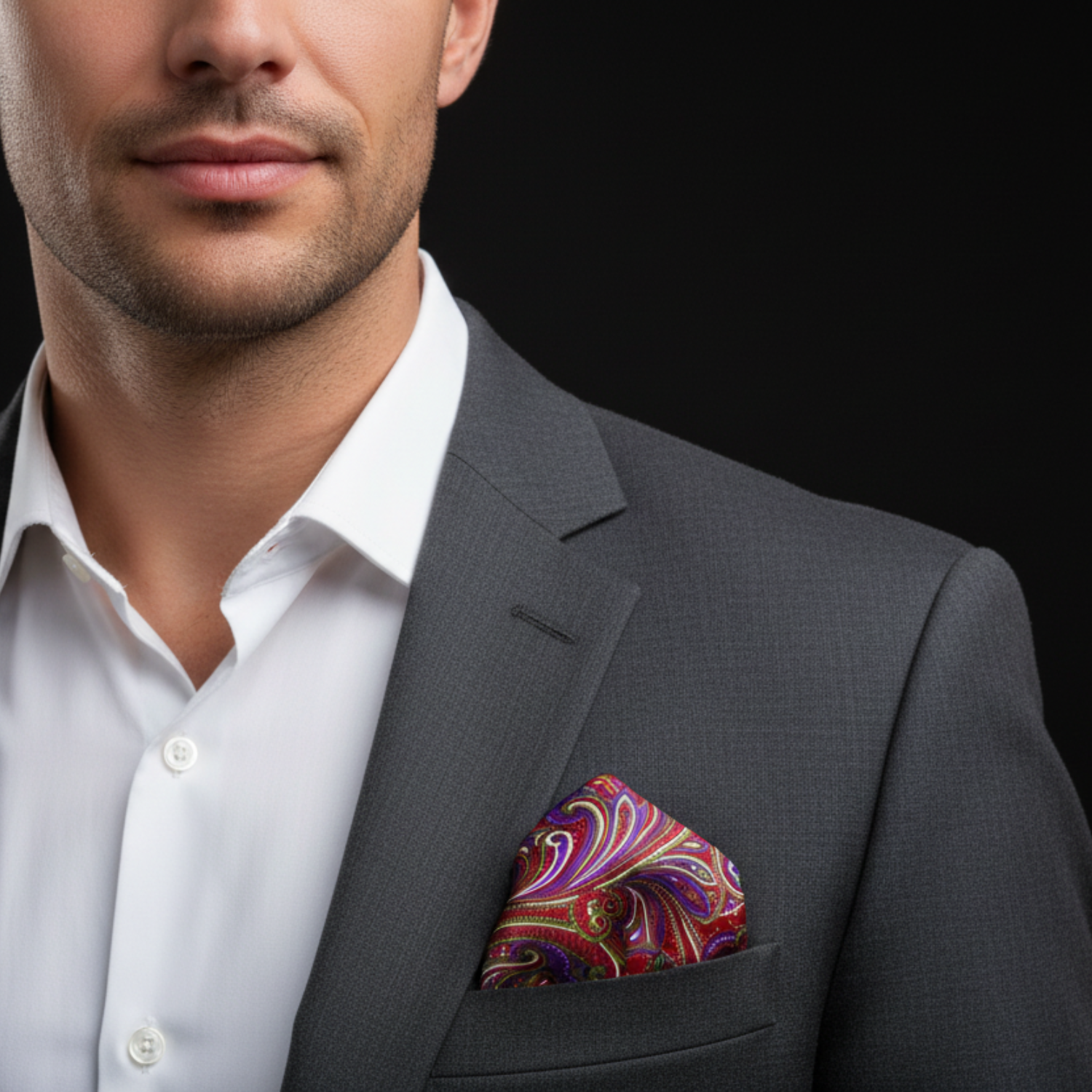 A Red, Purple, Green Paisley Pattern Pocket Square on man