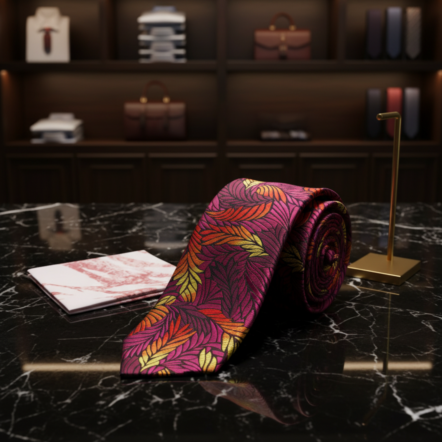 Alt Red, Purple and Yellow Feather Necktie and Marble Square