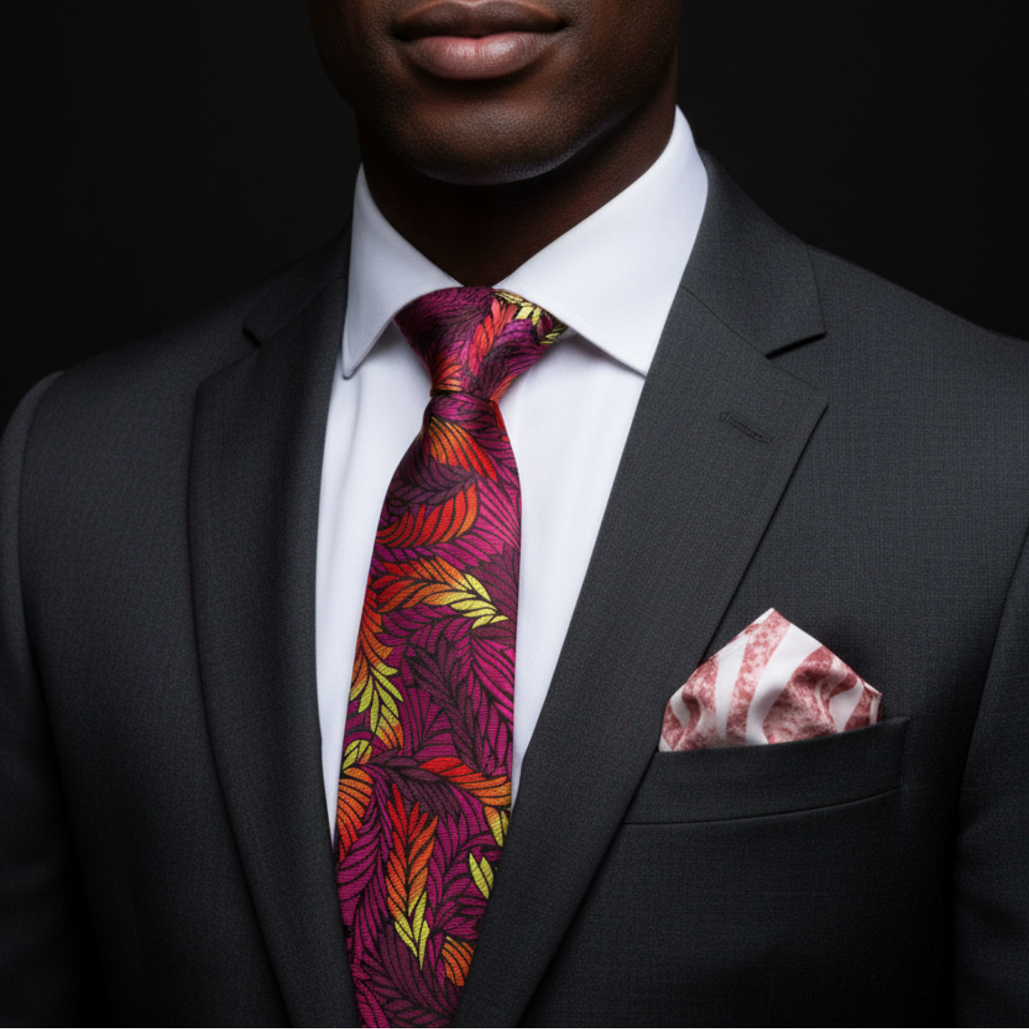 Man wearing a dark suit with a colorful tie against a black background
