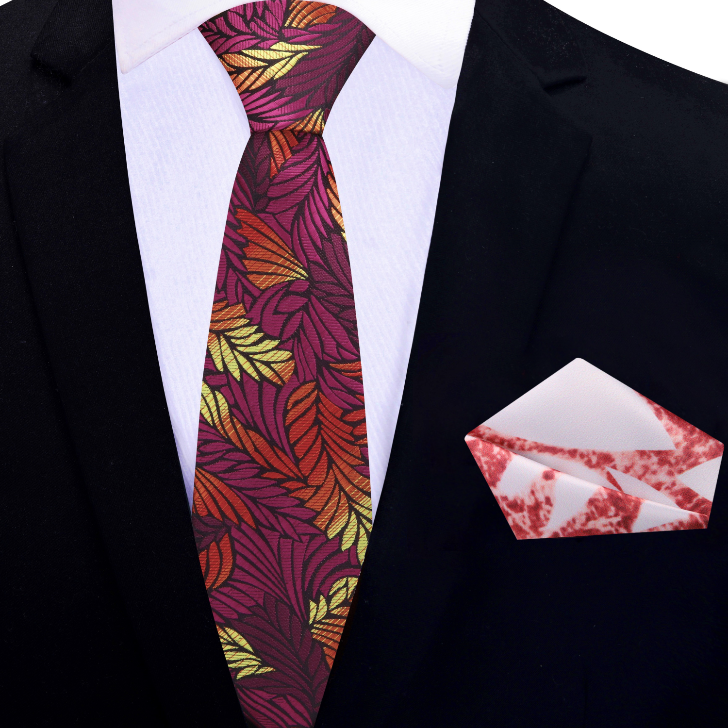 Thin Red, Purple and Yellow Feather Necktie and Marble Square